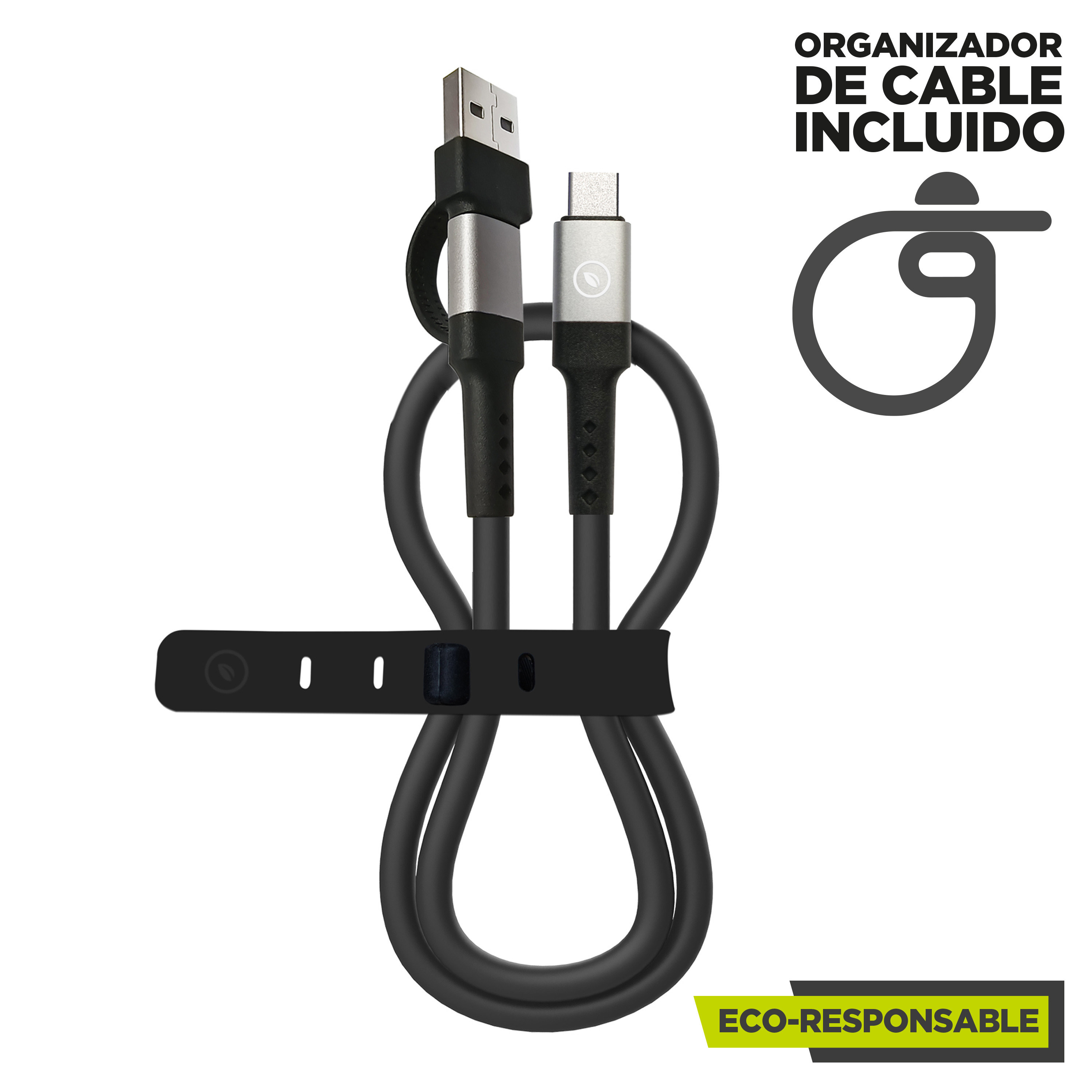 Un cable negro doblado y asegurado con una correa negra. Se muestran las palabras 'Eco-Responsable'.