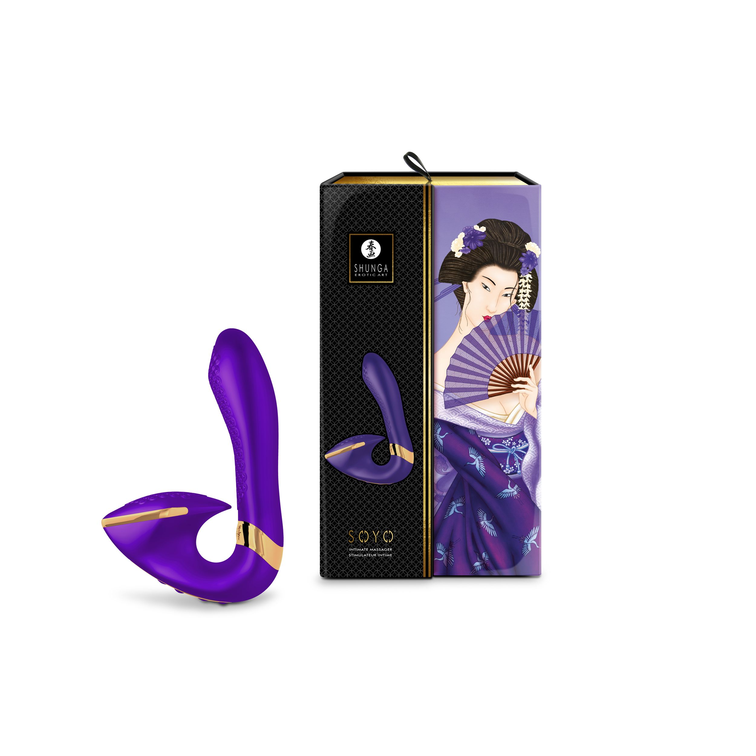 Un vibrador morado y una caja con una ilustración de Geisha. El producto se llama 'SOYO'.