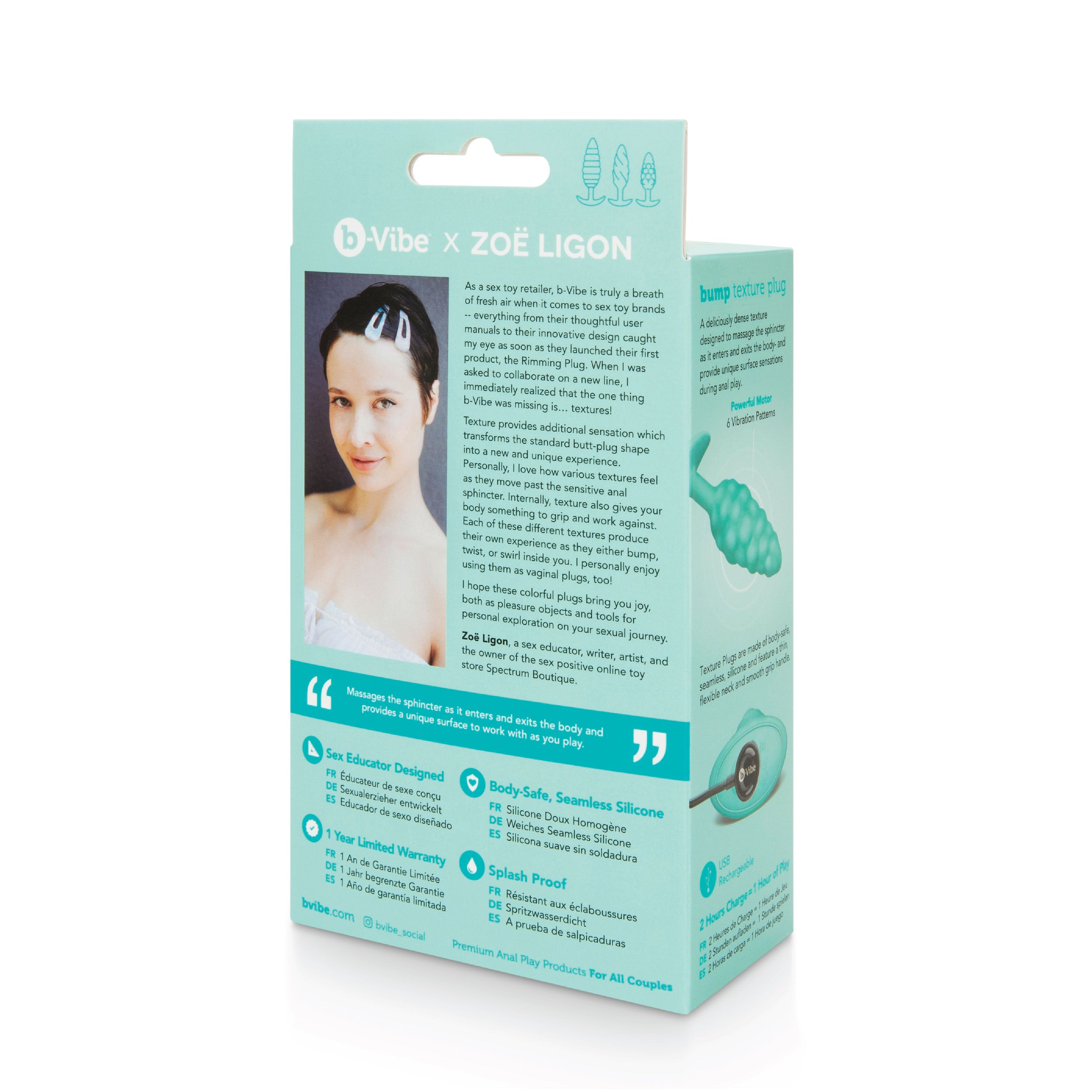 Eine Frau, die ein b-Vibe-Produkt hält. Die Verpackung ist ebenfalls sichtbar und zeigt Produktinformationen.