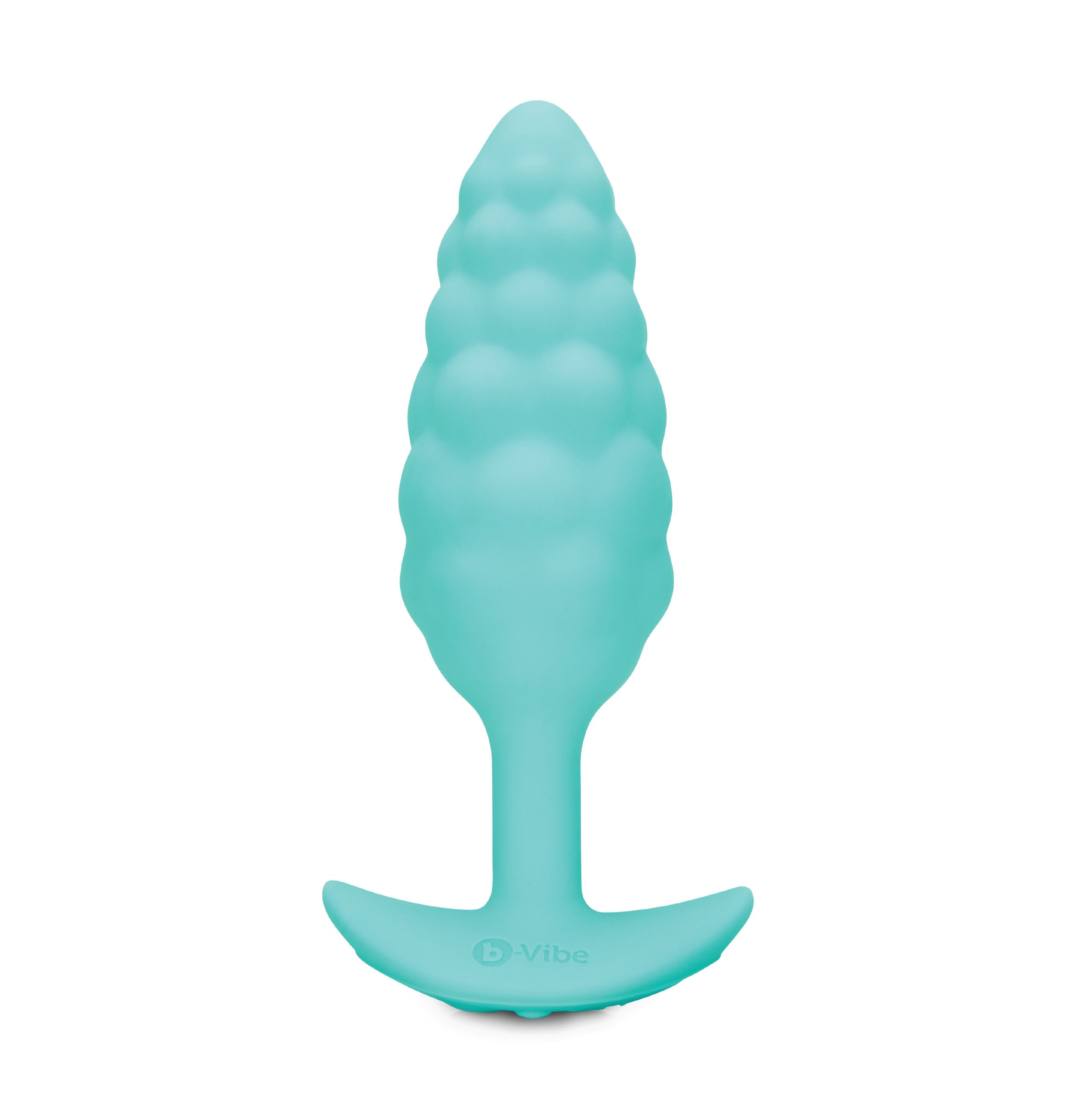 Ein türkis gefärbtes Vibratorspielzeug mit einem einzigartigen, strukturierten Design, vor sauberem, weißen Hintergrund.