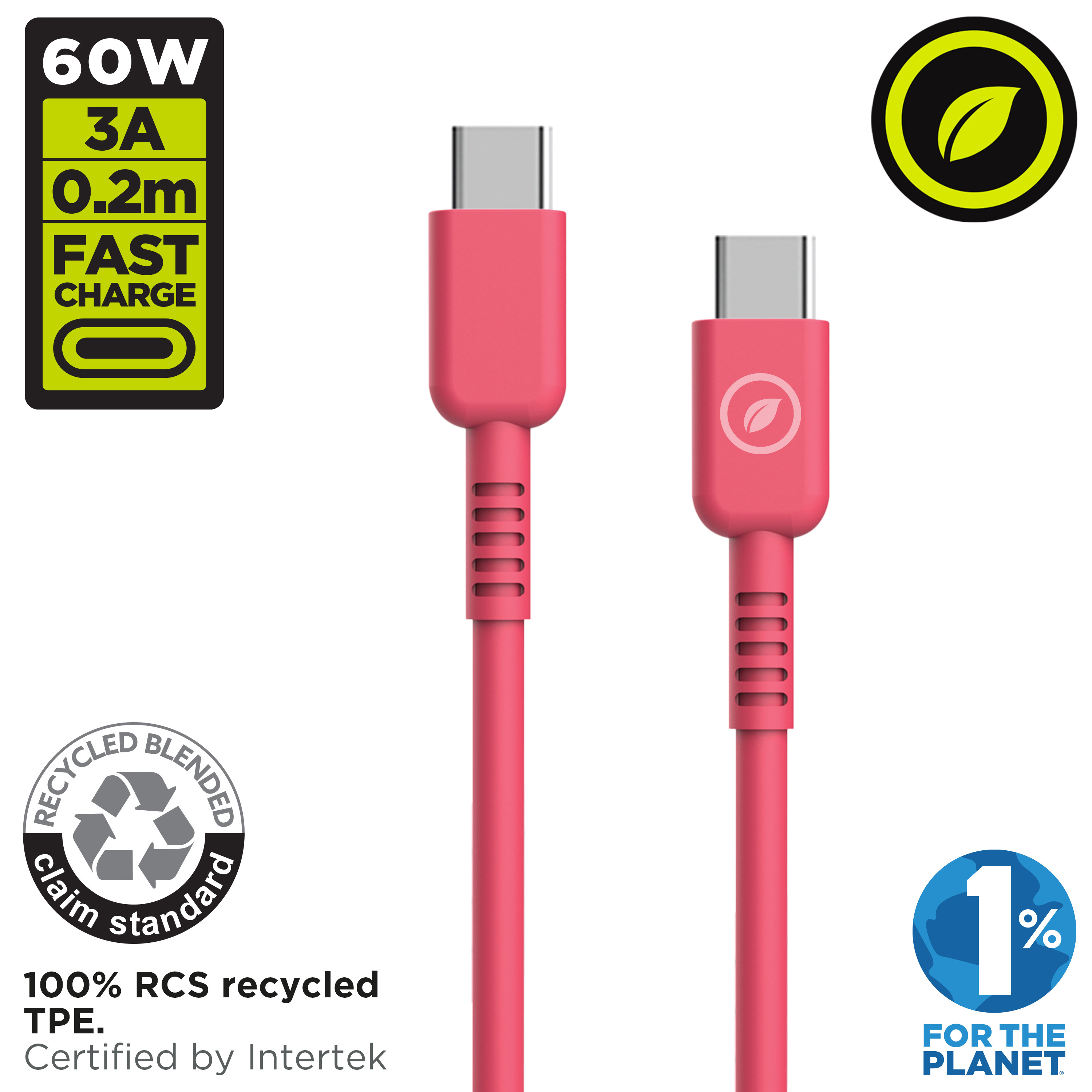 Cable USB-C rosa con conectores, y se muestran detalles sobre reciclaje y carga rápida.