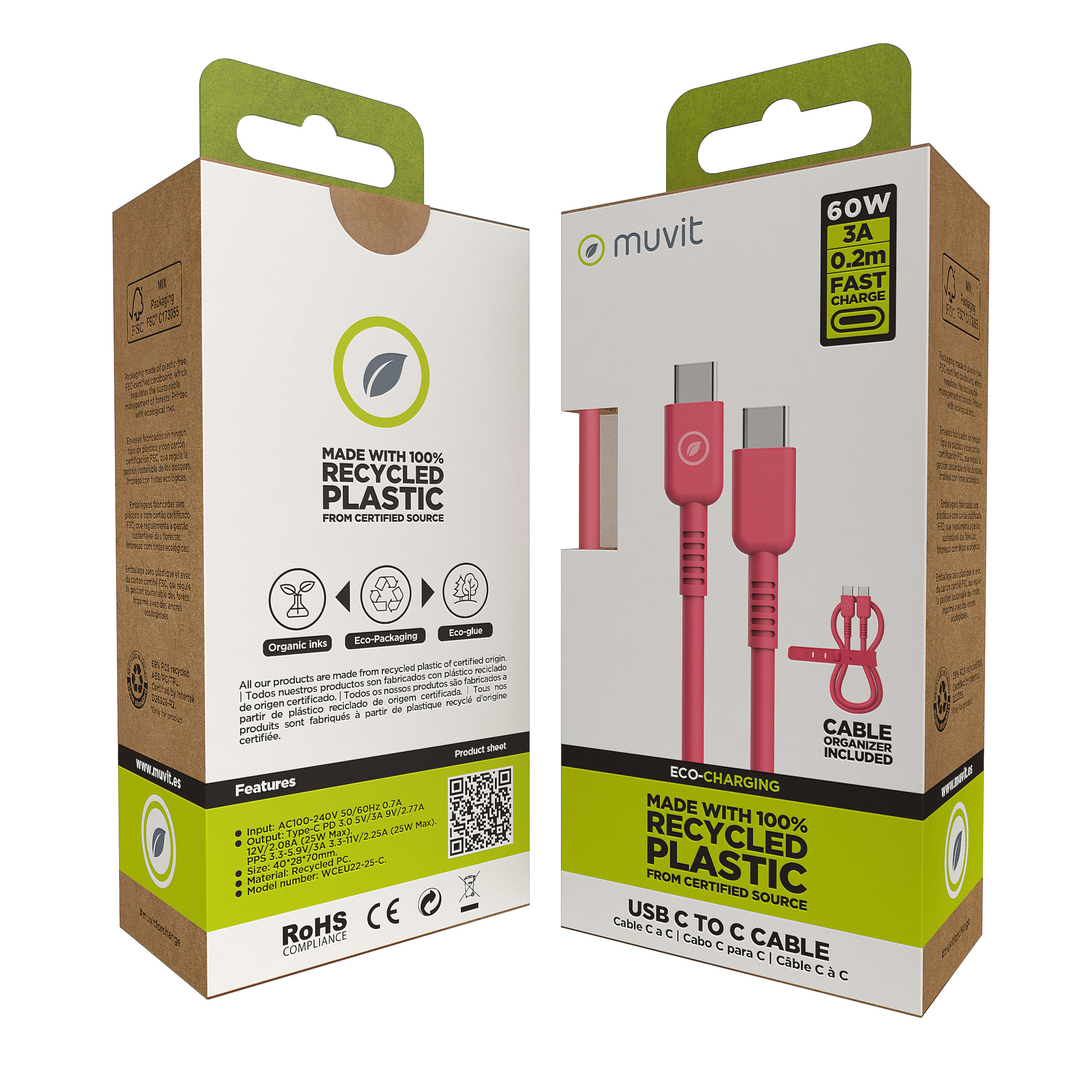 Caja de cable USB-C a USB-C rosa. La caja es blanca, marrón y verde. Muestra el cable y la marca.