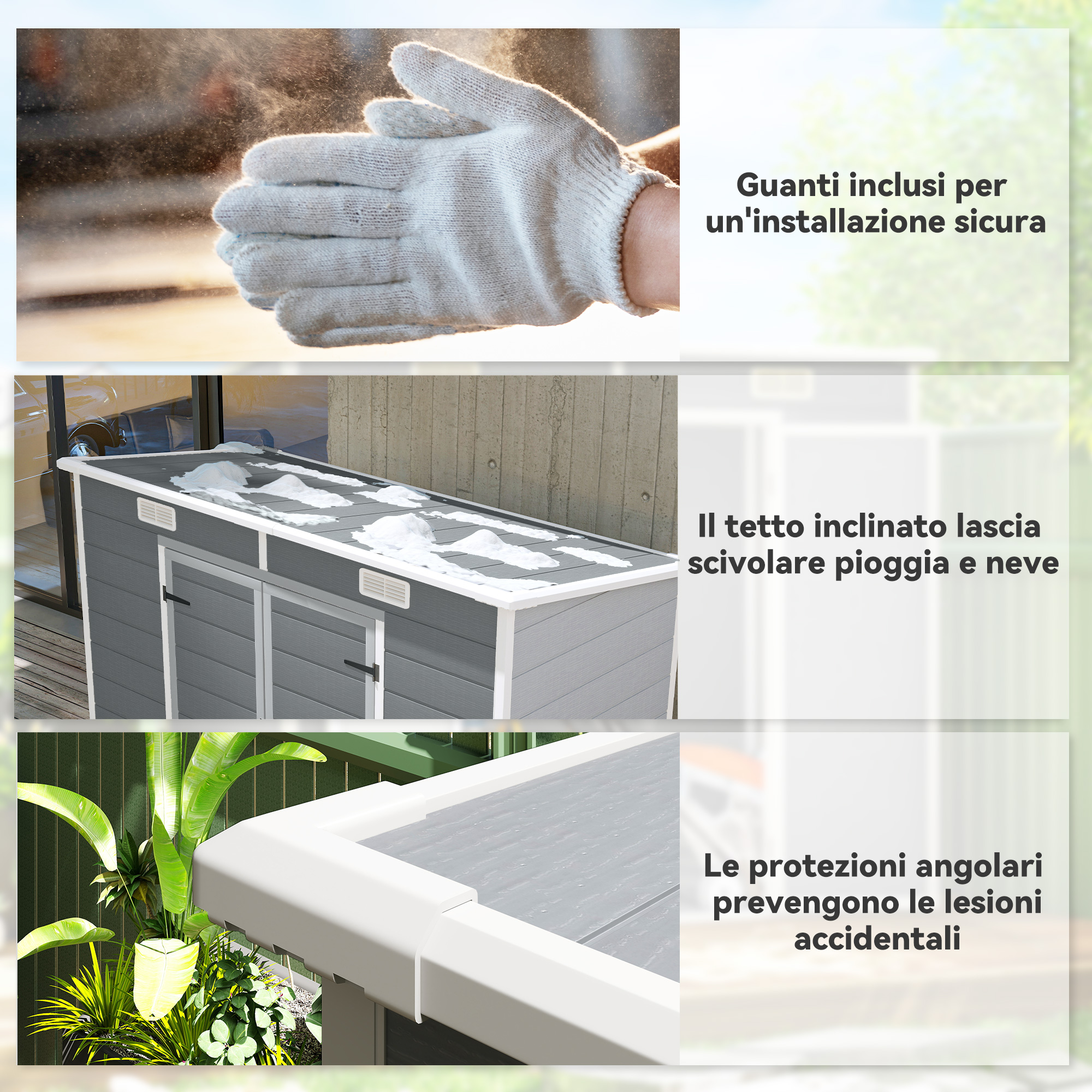Set di immagini che mostrano guanti, tetto inclinato e protezioni angolari per un capannone. Testo in italiano.
