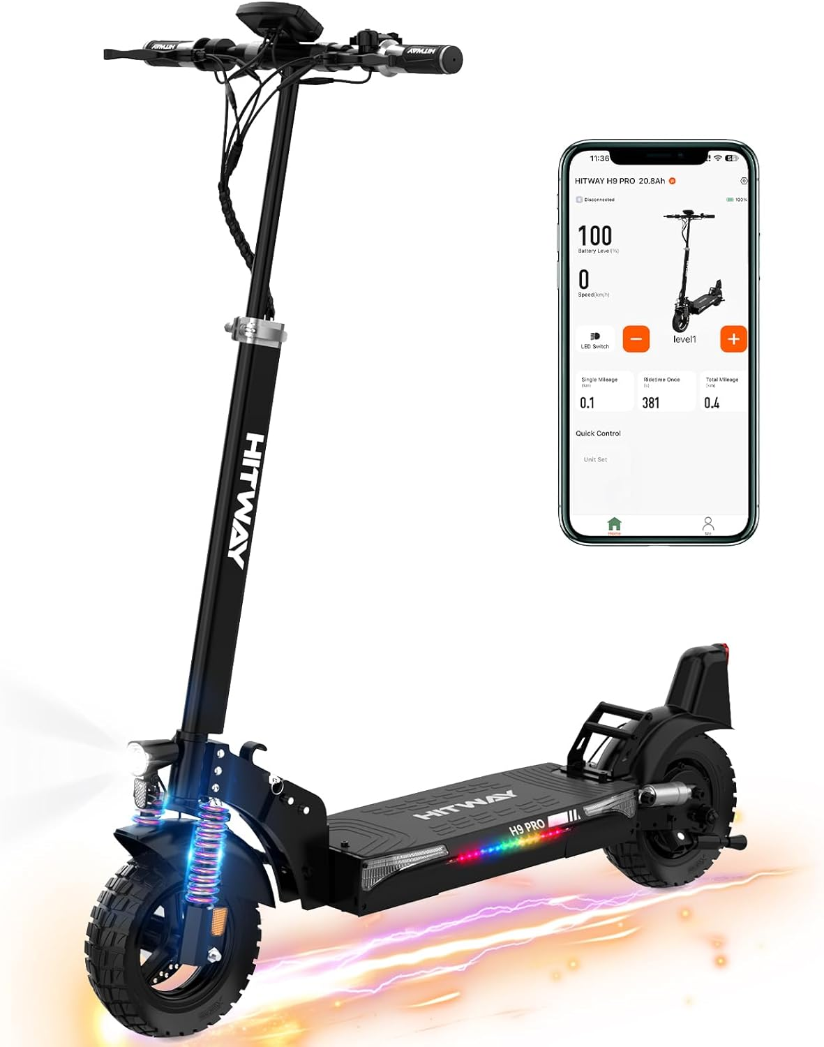 Scooter eléctrico negro con un teléfono que muestra sus especificaciones. Efecto de relámpagos en el fondo.