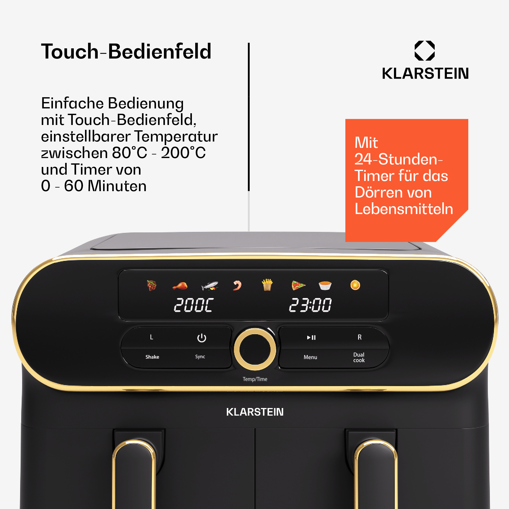 Friggitrice ad aria nera con dettagli dorati, display digitale. Testo: 'Touch-Bedienfeld'. Sfondo bianco.