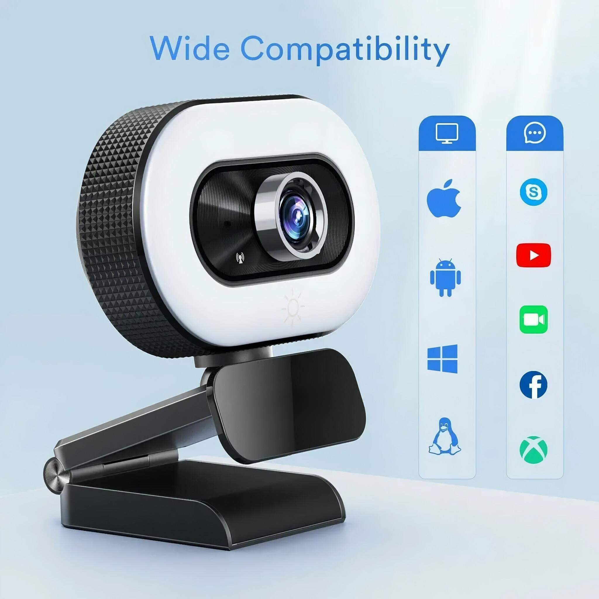 Webcam mit Ringlicht. Symbole für verschiedene Betriebssysteme und Apps rechts. Text: 'Wide Compatibility'.