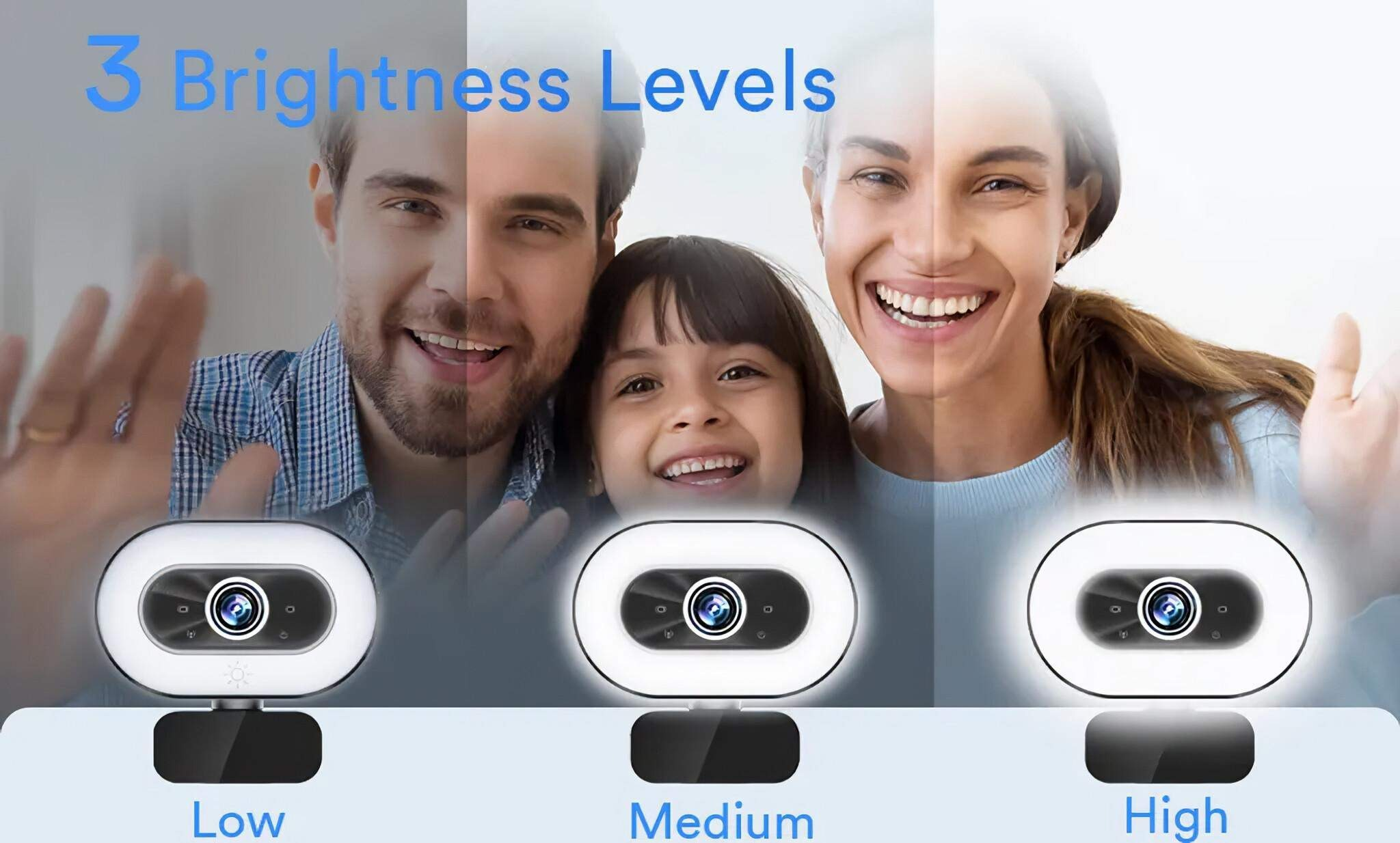 Webcam mit Ringlicht. 3 Helligkeitsstufen werden gezeigt, mit Personen, die die Webcam verwenden.