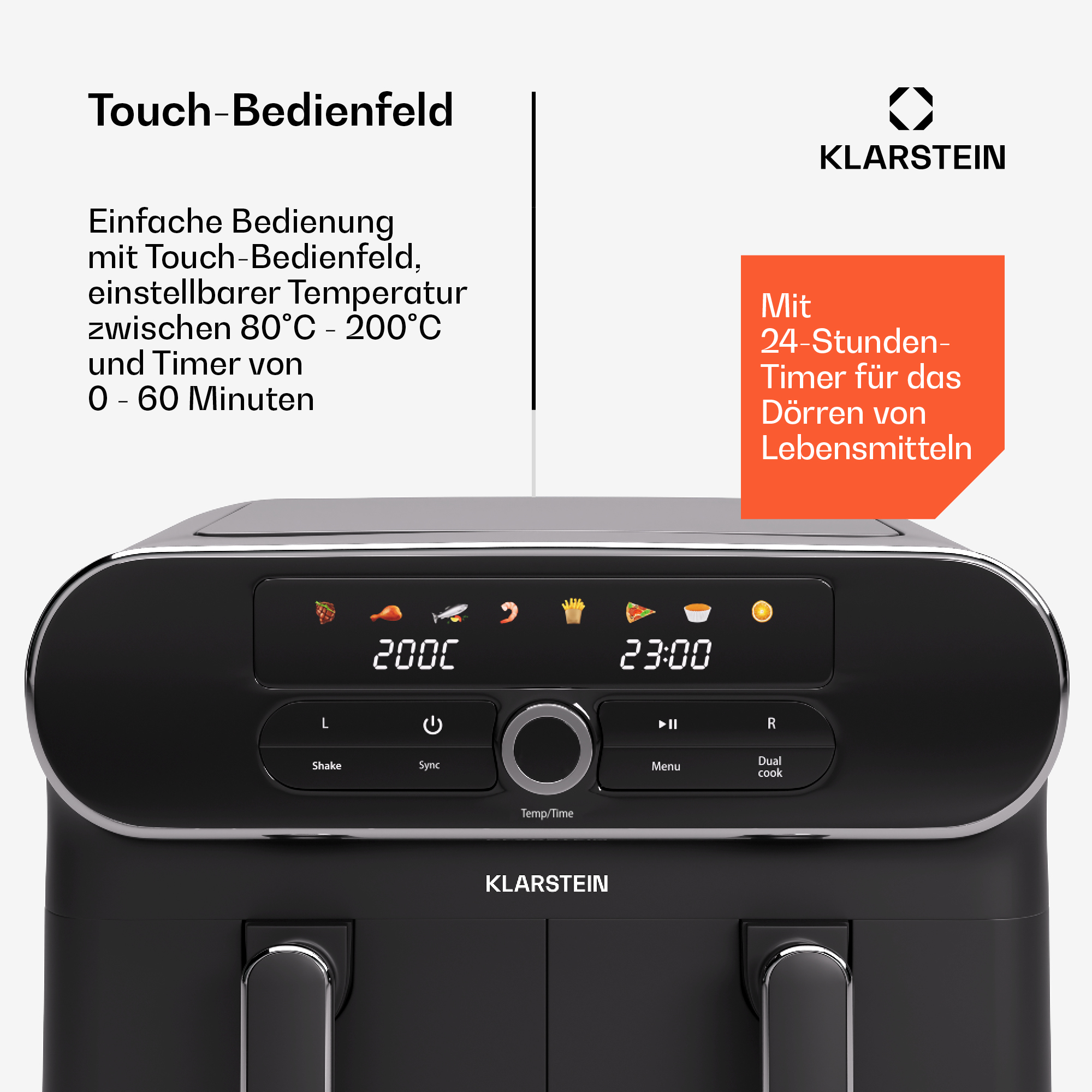 Friggitrice ad aria nera con dettagli dorati, display digitale. Testo: 'Touch-Bedienfeld'. Sfondo bianco.