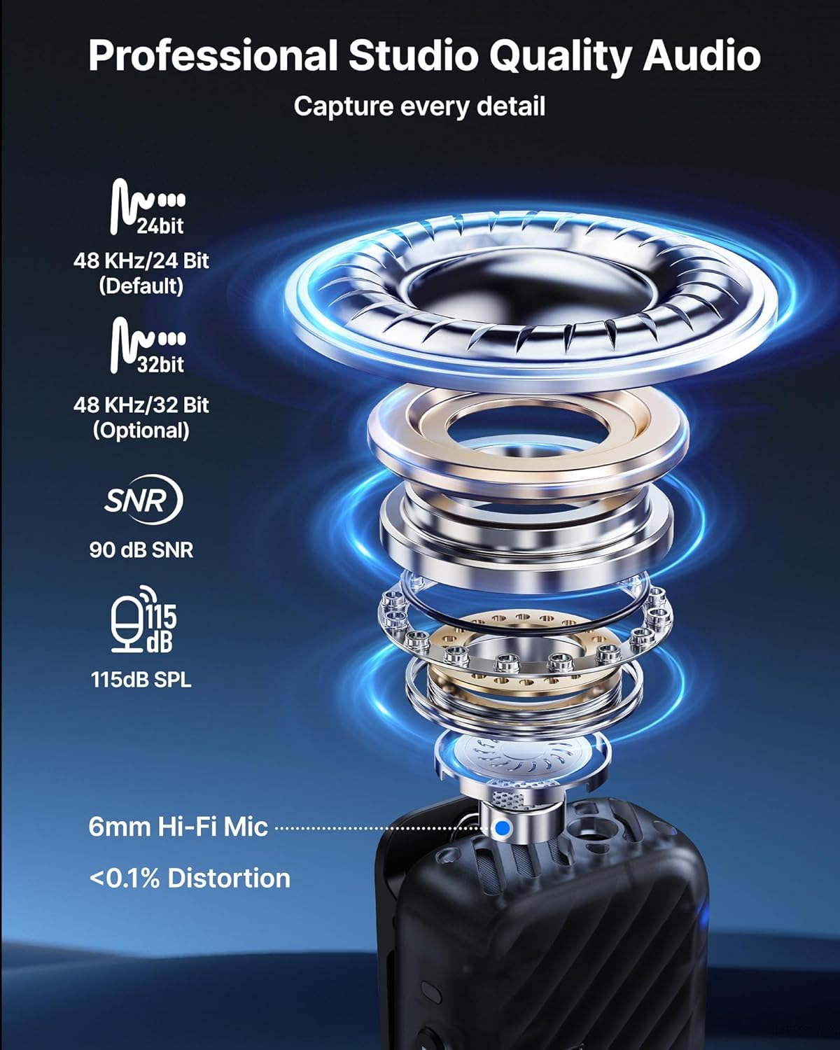 Dispositivo de audio con componentes internos mostrados. Cuenta con un micrófono Hi-Fi de 6 mm y <lt/>0.1% de distorsión.