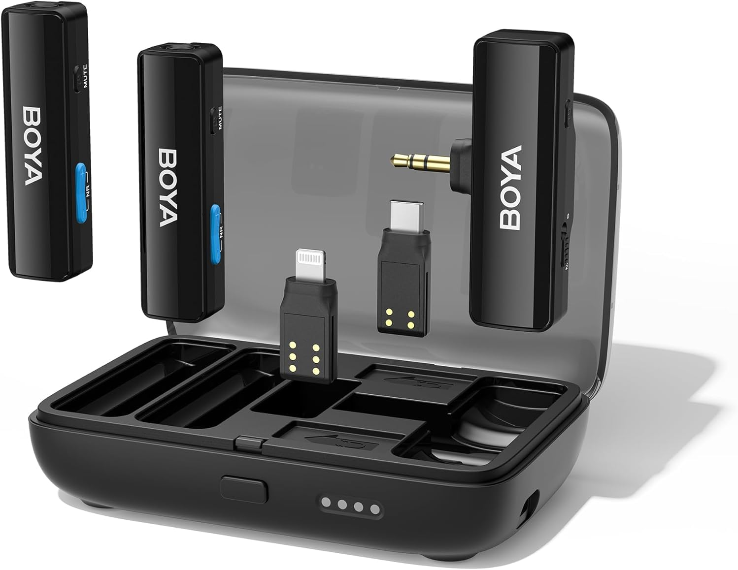 Kit di dispositivi audio neri con più componenti. Visualizza la custodia, i microfoni e vari tipi di connettori.