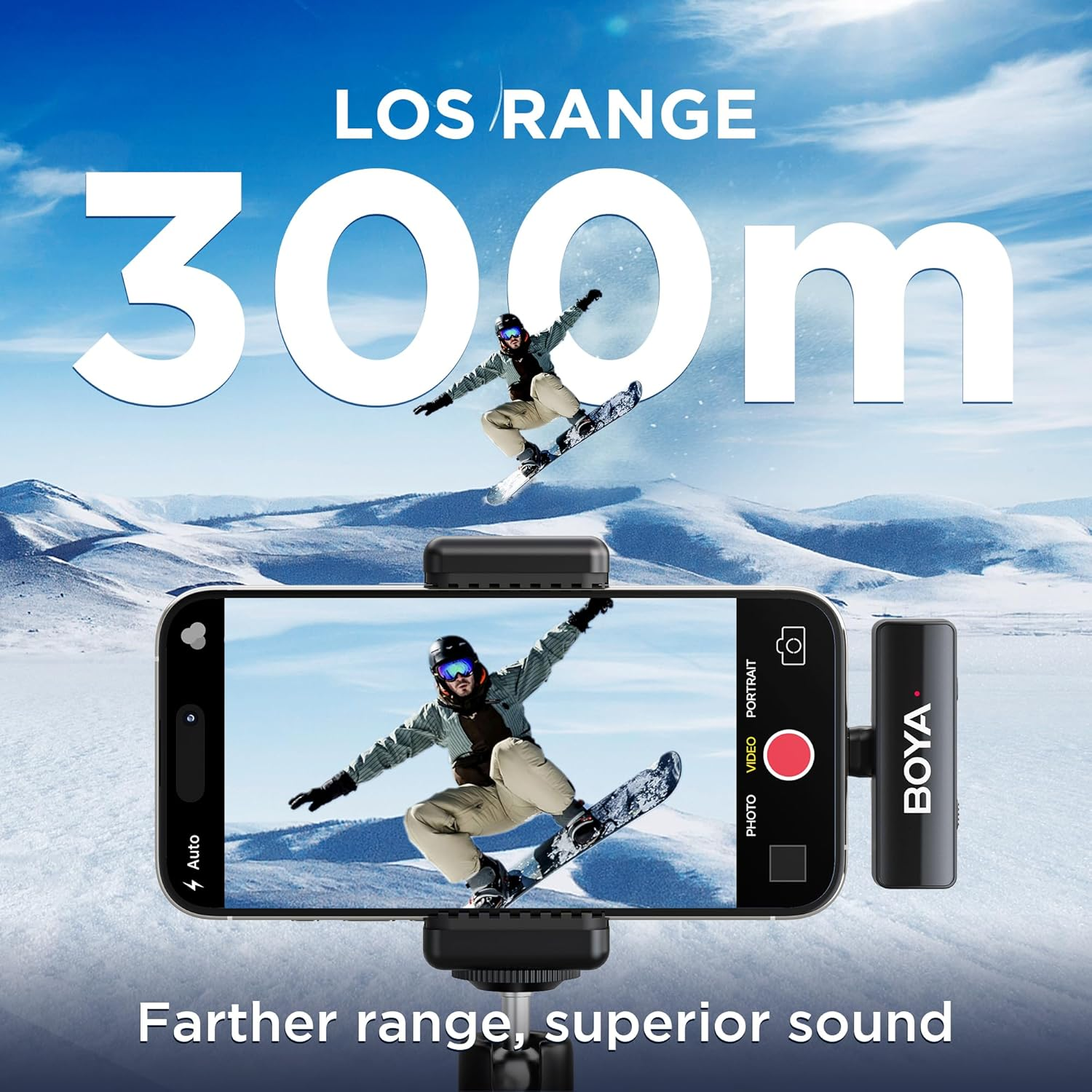 Uomo che fa snowboard, ripreso da un telefono. Il testo indica 300m di portata e un suono superiore.