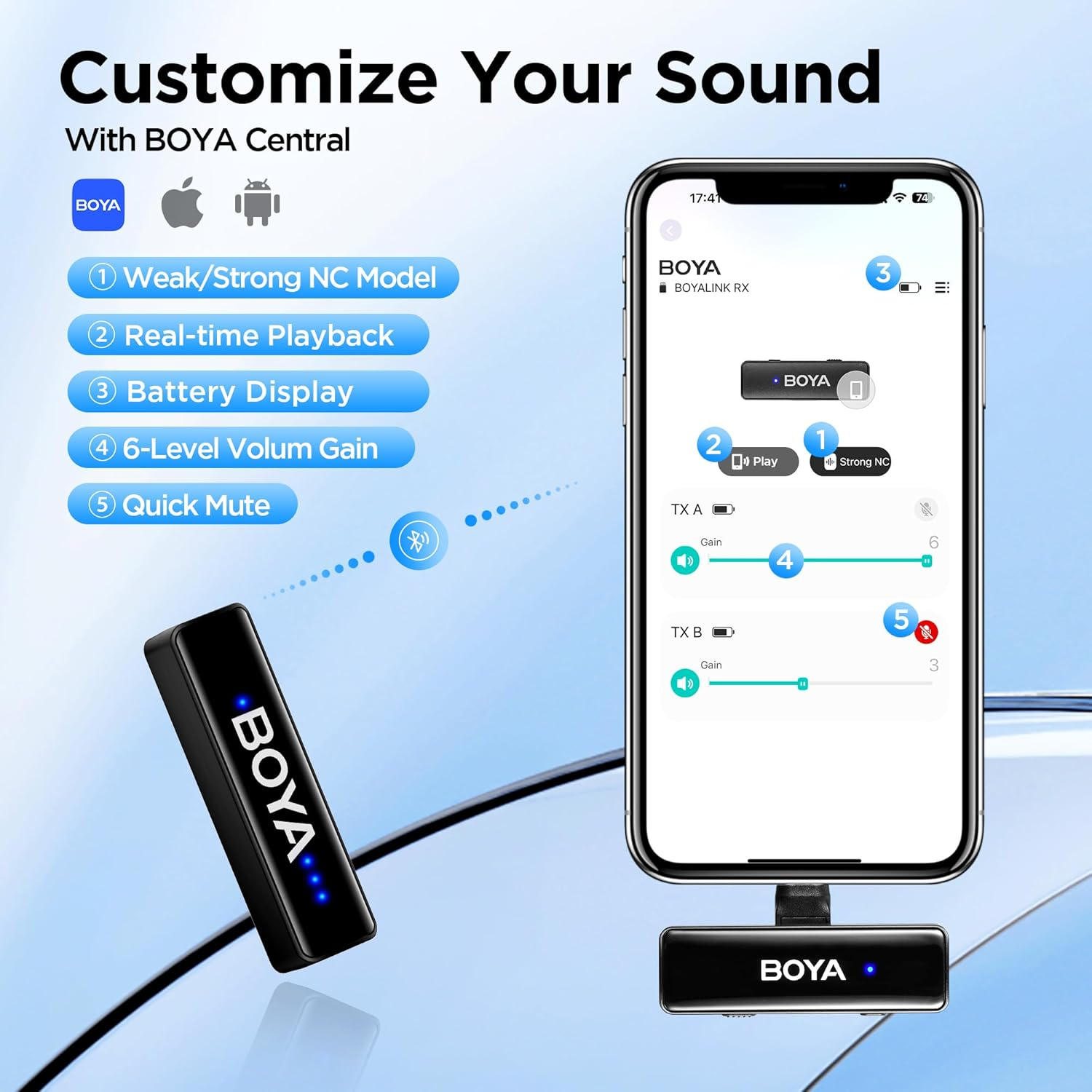L'immagine mostra un dispositivo BOYA nero con uno schermo di smartphone che visualizza le impostazioni audio. Le funzionalità includono NC debole/forte e muto.
