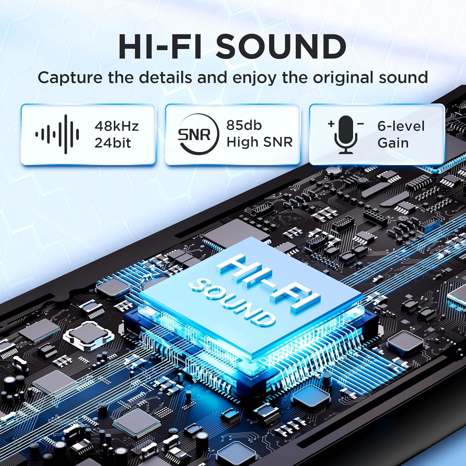 Primo piano dei componenti del dispositivo audio. Il testo evidenzia 48kHz 24bit, SNR elevato e guadagno a 6 livelli.