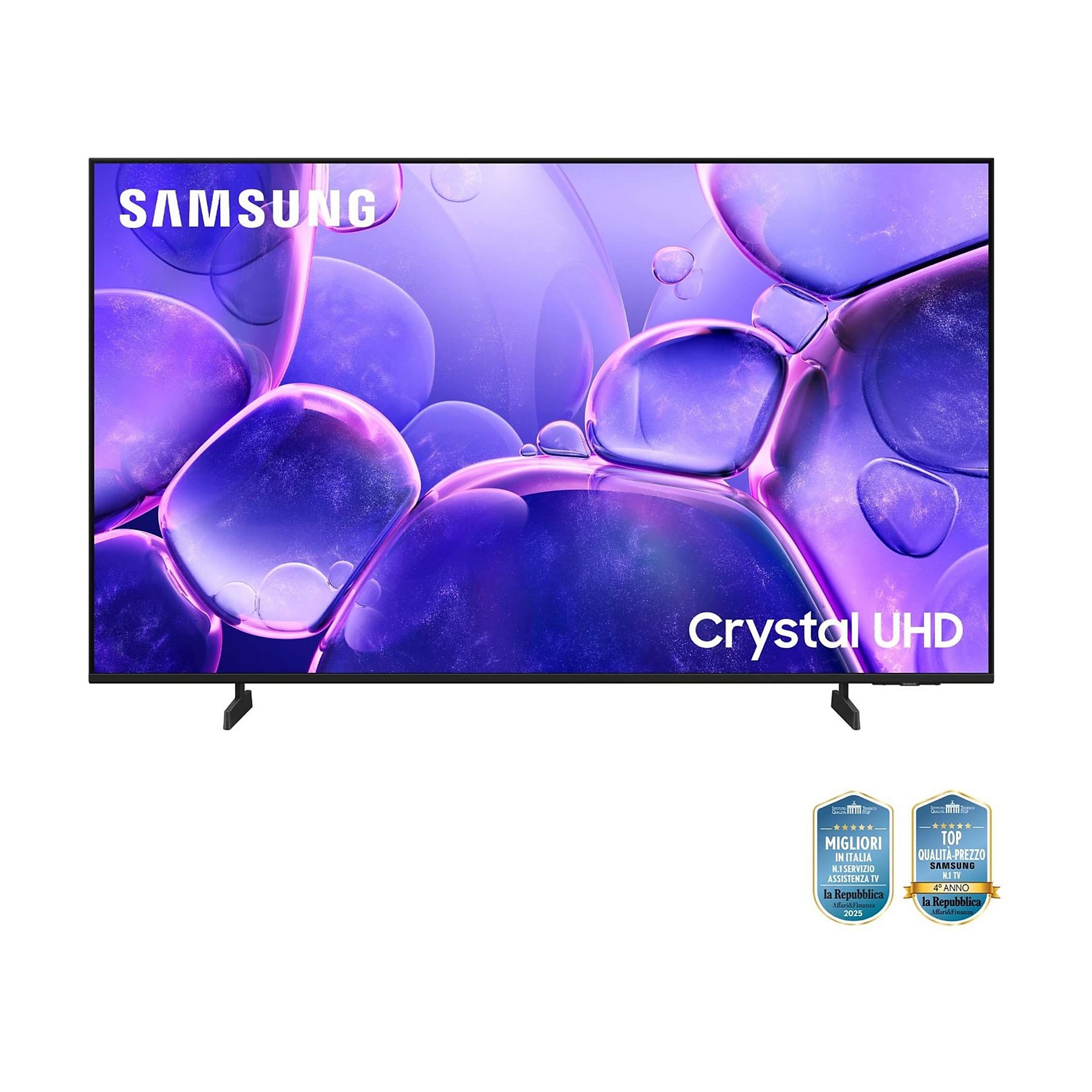 Telewizor Samsung Crystal UHD. Wyświetla fioletowe abstrakcyjne tło, stojący na podstawie z logo.