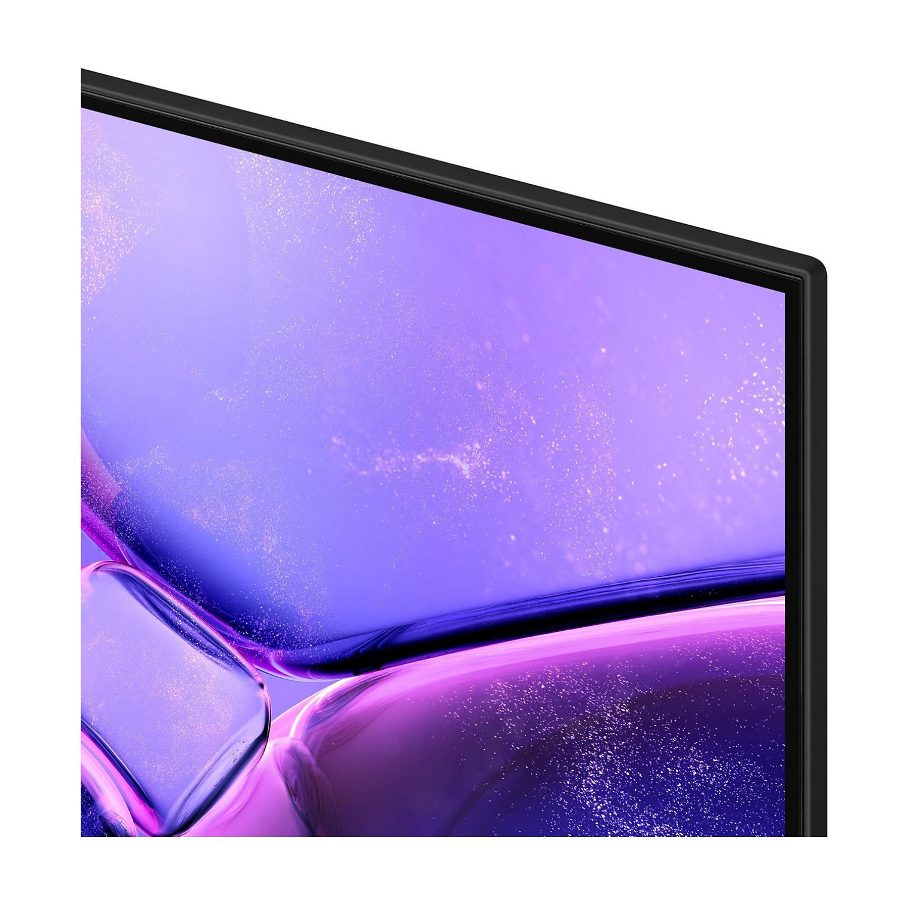 Zbliżenie rogu ekranu telewizora Samsung Crystal UHD, pokazujące fioletowy wzór baniek.
