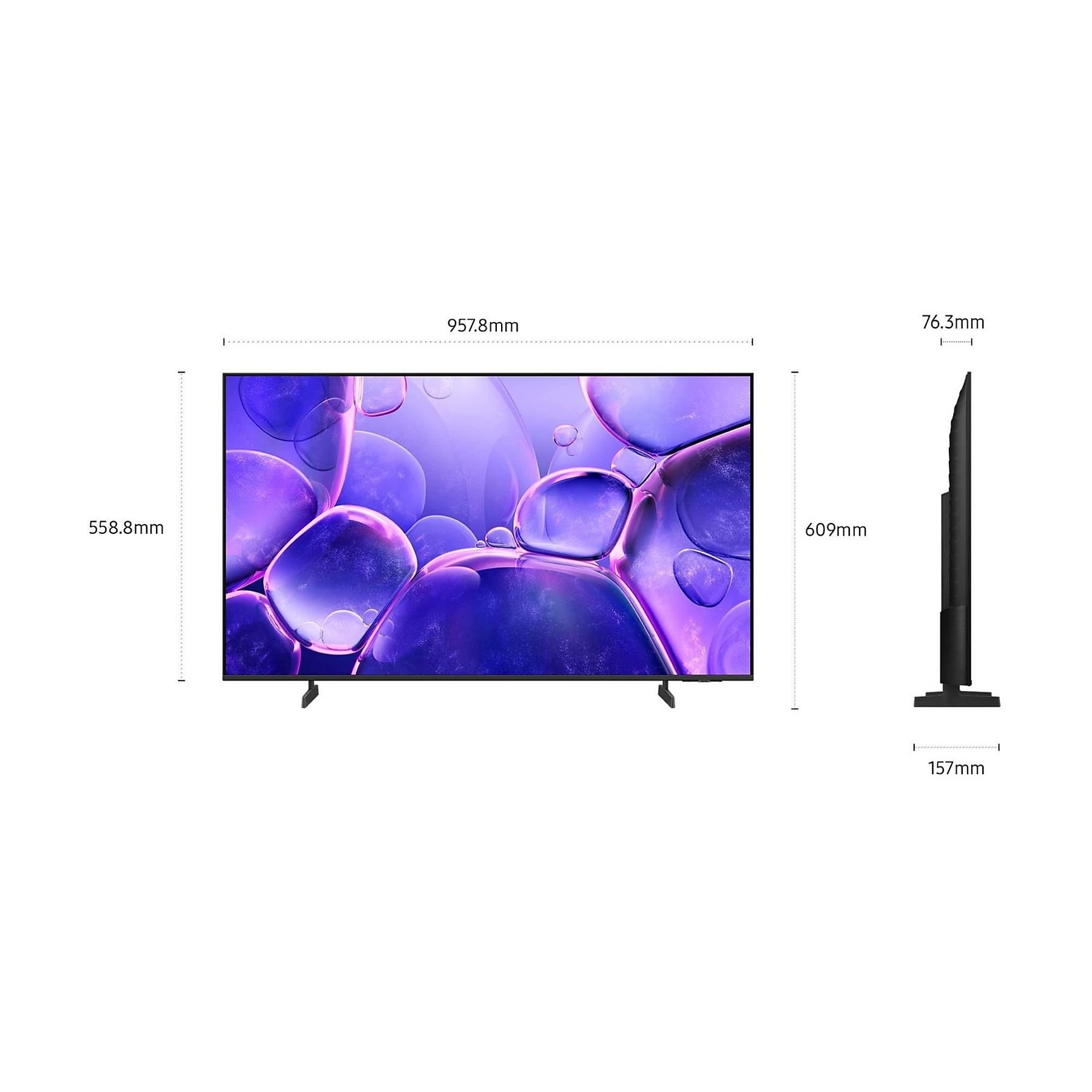 Telewizor Samsung Crystal UHD, z wymiarami. Szerokość: 957,8 mm, Wysokość: 558,8 mm, Głębokość: 76,3 mm.