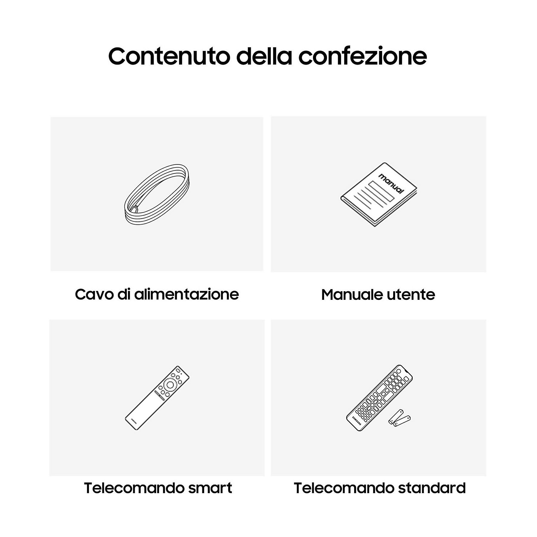 Obraz przedstawia zawartość pudełka po telewizorze: kabel zasilający, instrukcję obsługi, inteligentny pilot i standardowy pilot.