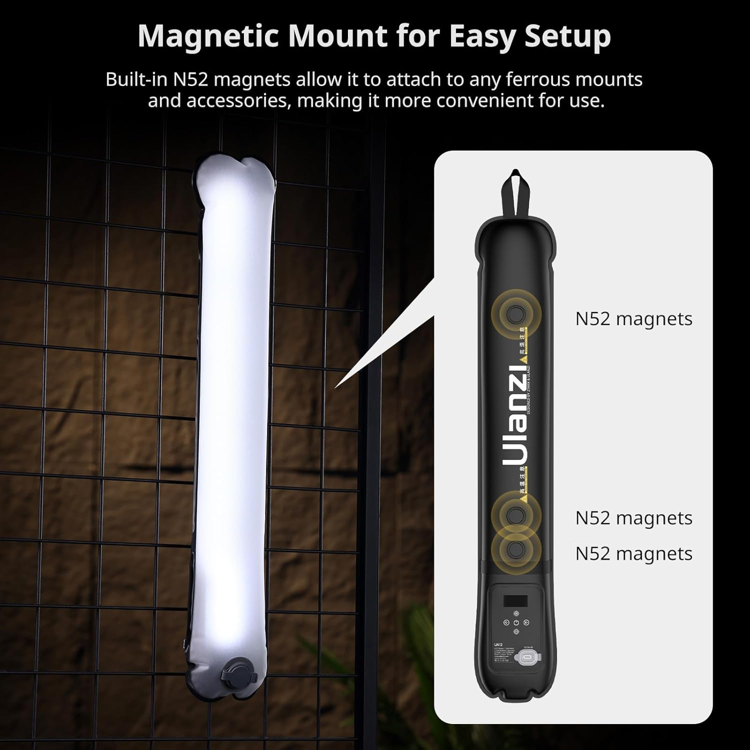 La imagen muestra un soporte magnético. Tiene un tubo de luz y un soporte negro con imanes. El texto dice 'Magnetic Mount for Easy Setup'.