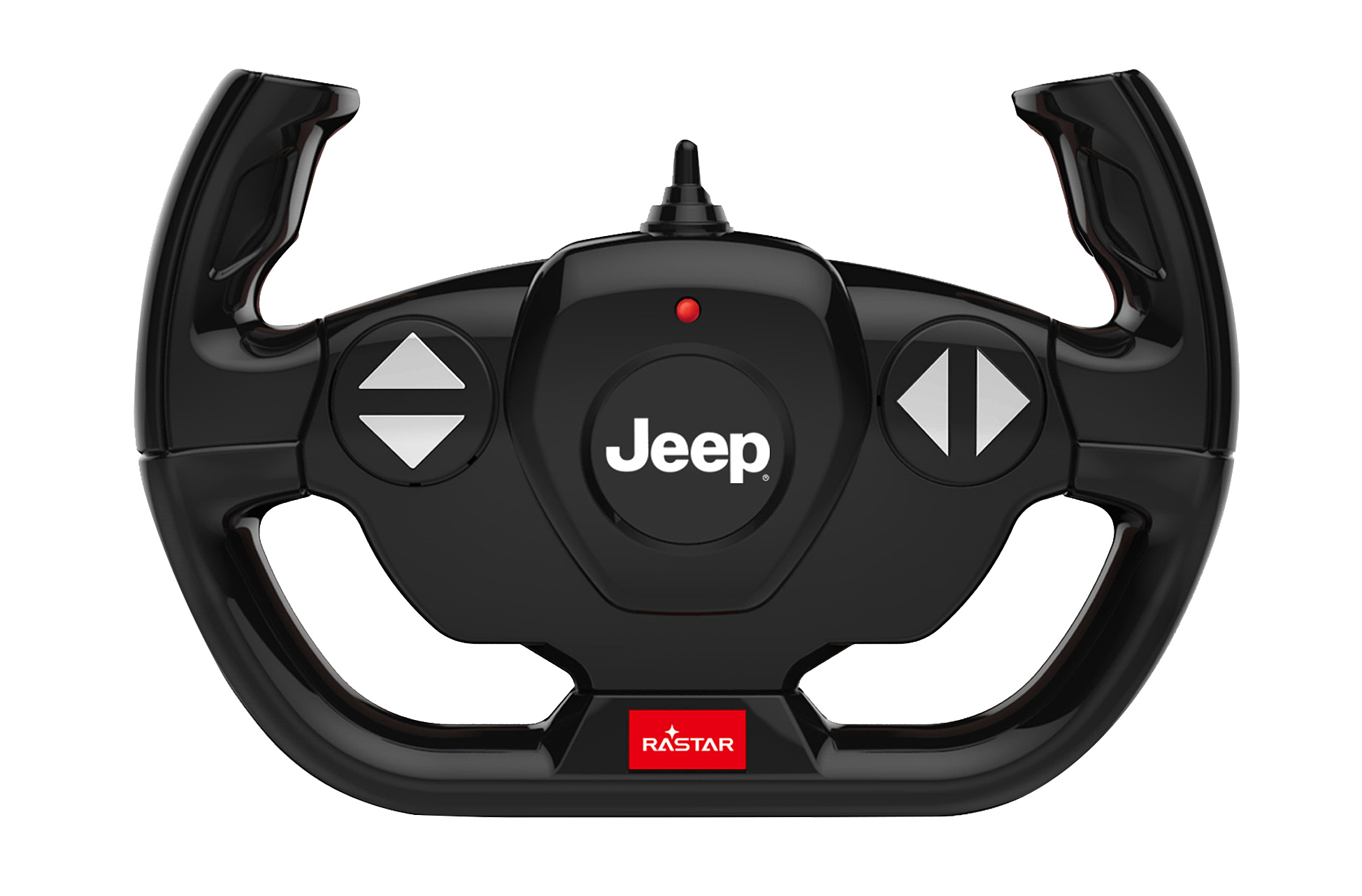 Schwarze Fernbedienung. Das Jeep-Logo ist darauf. Pfeile und ein rotes Licht sind sichtbar.