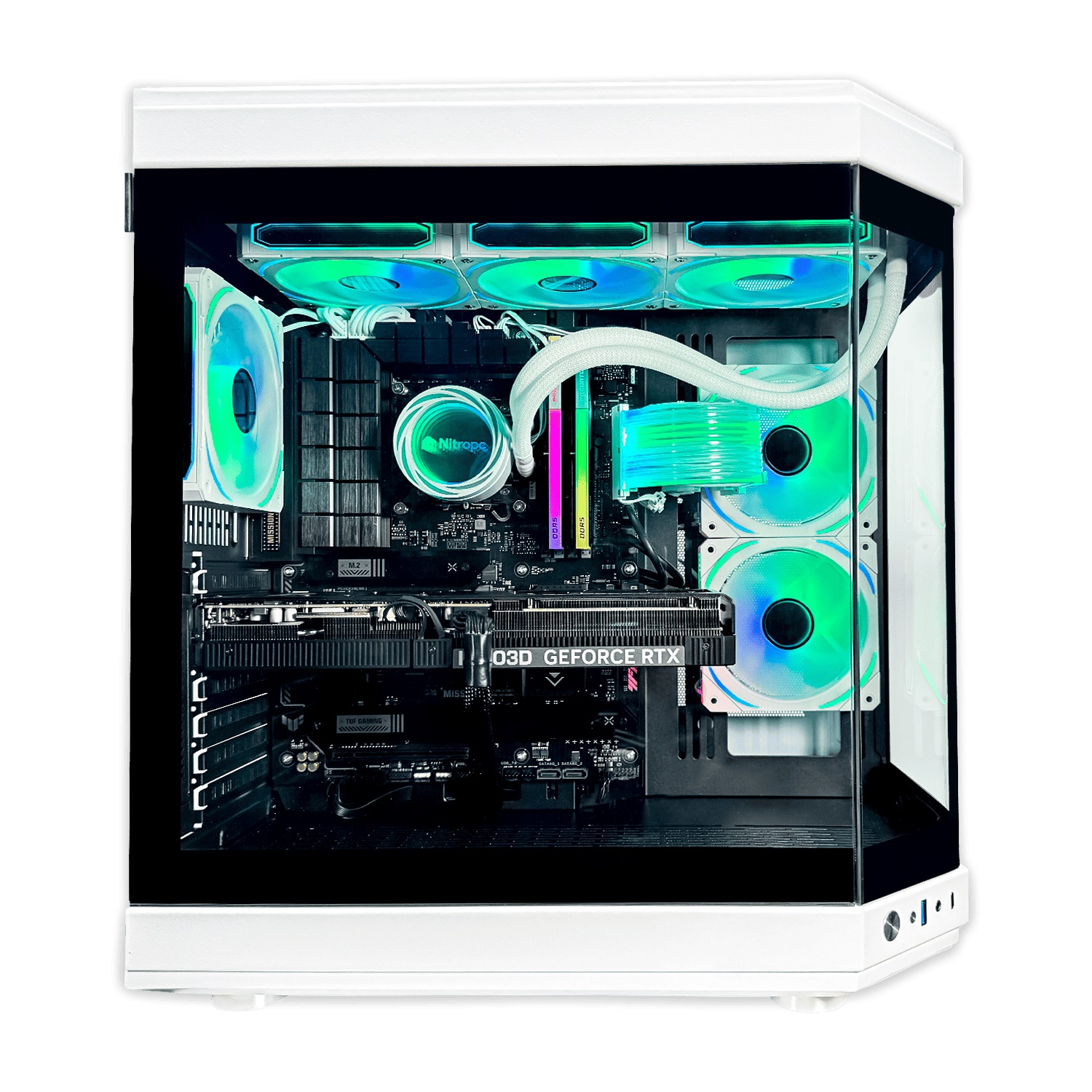 Biała obudowa komputera ze szklanymi panelami bocznymi, pokazująca wewnętrzne komponenty z kolorowym oświetleniem.