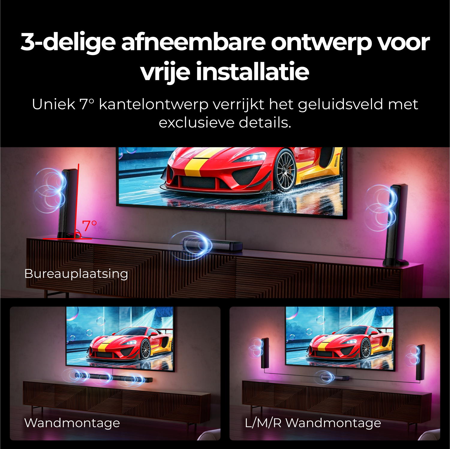 TV with soundbar and speakers, red car on the screen, and diagrams.
