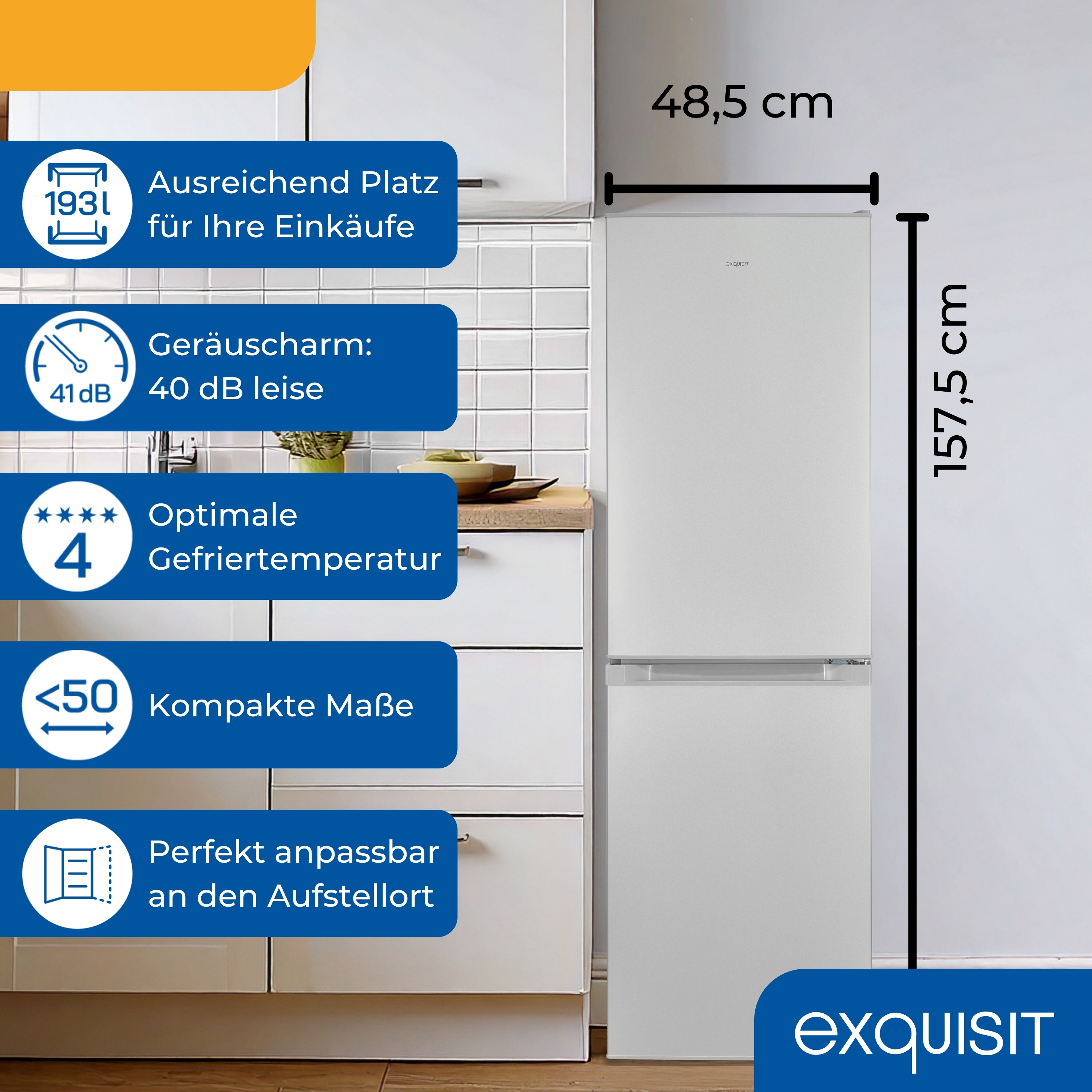Refrigerador blanco con dimensiones e iconos sobre fondo blanco.