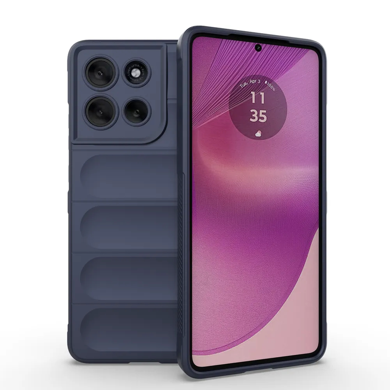Un étui de téléphone bleu et un téléphone côte à côte. Le téléphone affiche un écran violet.