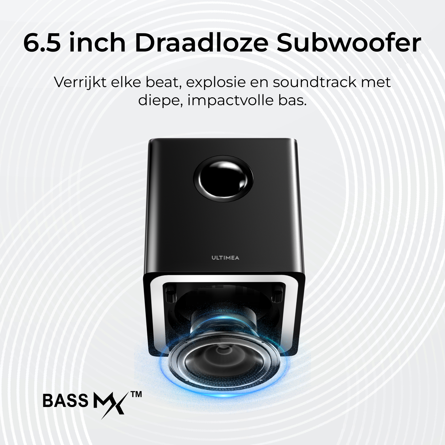 Een zwarte subwoofer met tekst over diepe bassen en blauw licht rond de luidspreker.