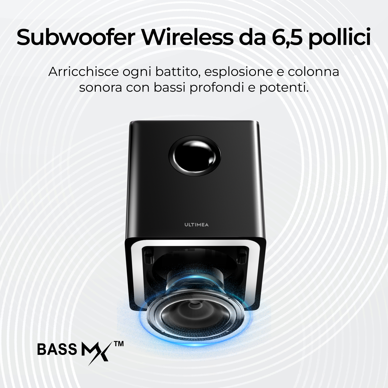 Un subwoofer wireless nero con la scritta 'ULTIMEA' e il logo 'BASS MX'.