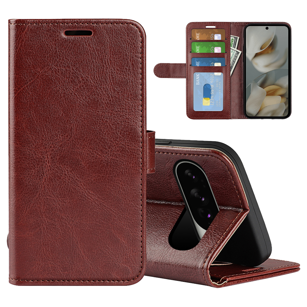 Un étui de téléphone en cuir marron, ouvert pour révéler un téléphone, des cartes et de l'argent.