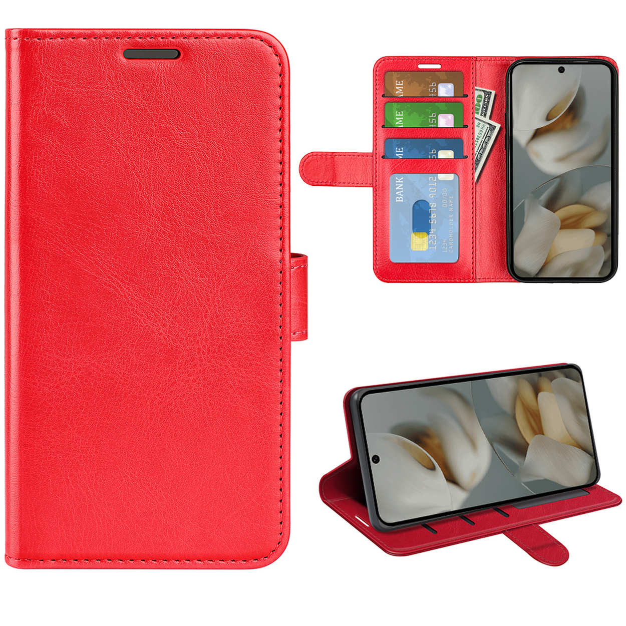 Un étui en cuir rouge, ouvert, révélant un téléphone, des cartes et de l'argent.