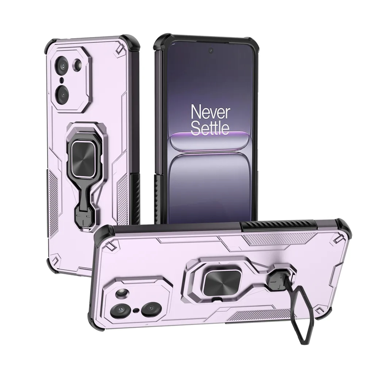 Trois étuis de téléphone roses avec un téléphone. Le téléphone affiche le texte 'Never Settle'.