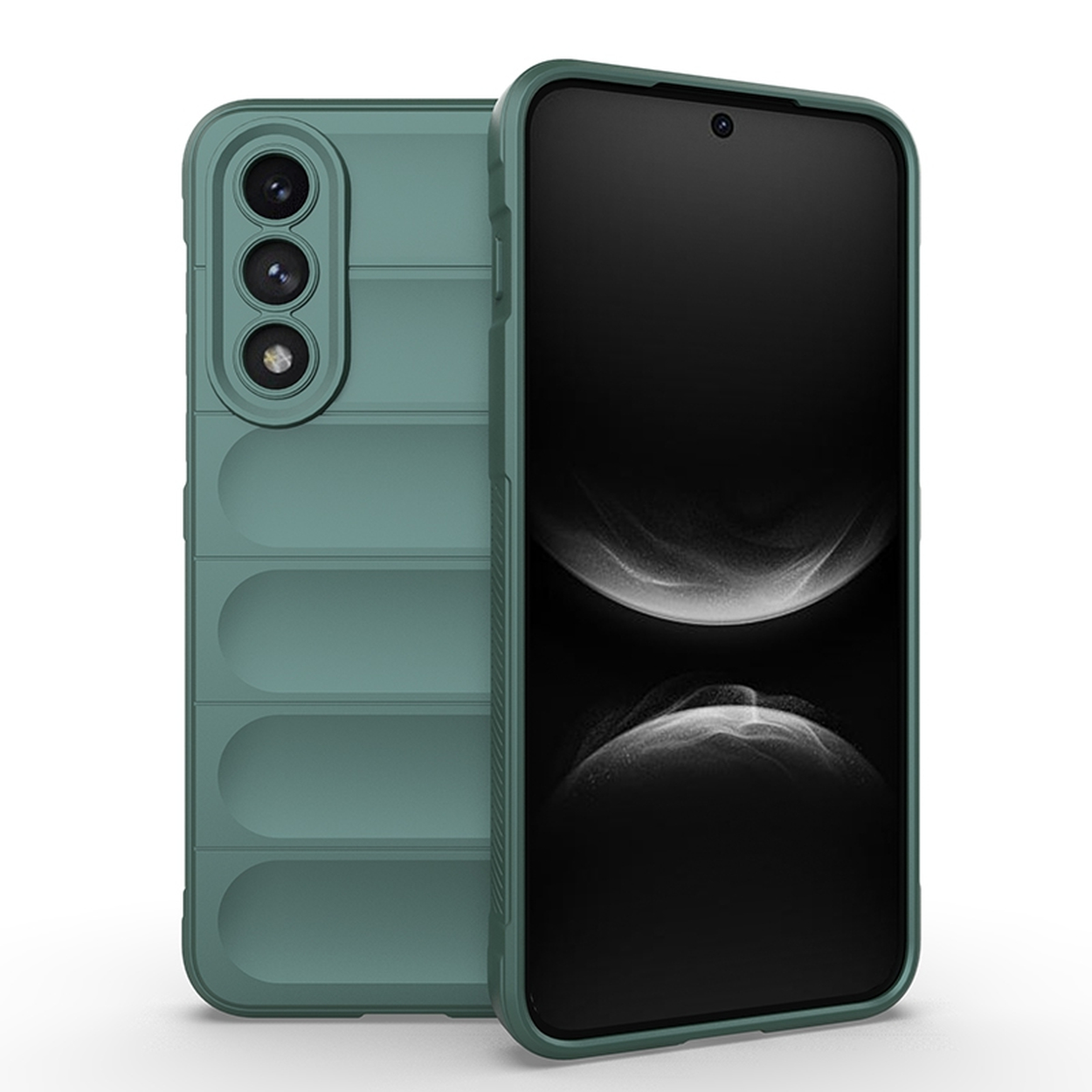 Een groene telefoonhoes en telefoon staan ​​naast elkaar. De telefoon toont een zwart scherm.