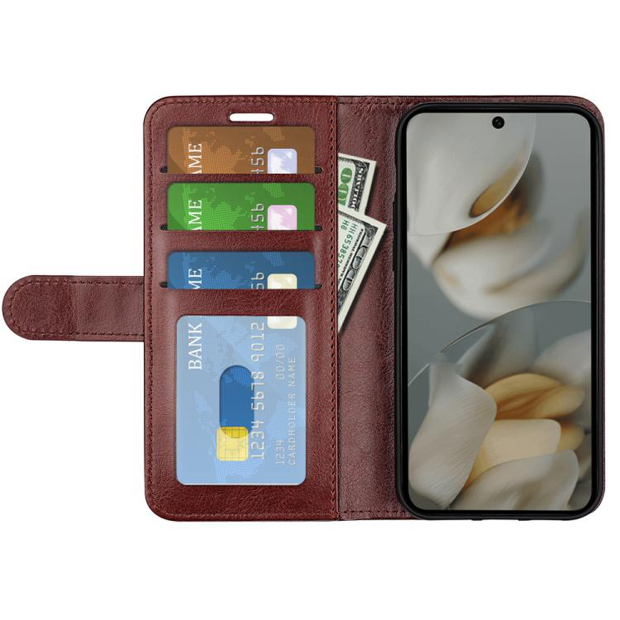 Un étui en cuir marron, ouvert pour afficher des cartes, de l'argent et un téléphone.