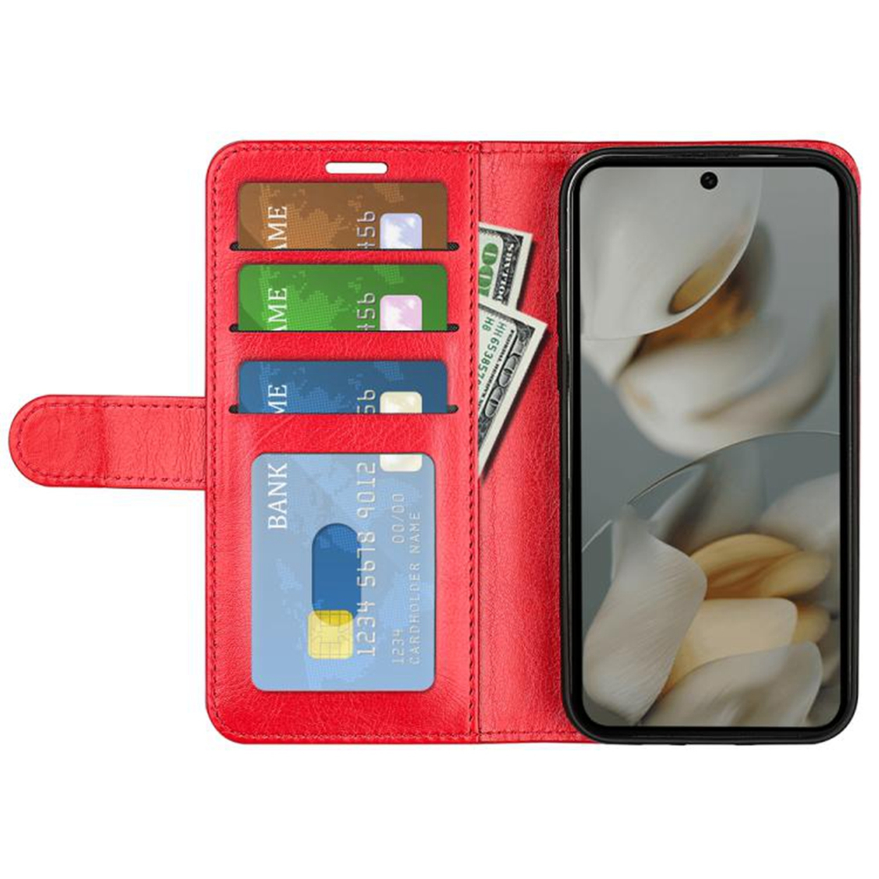Un étui de téléphone en cuir rouge, ouvert pour afficher des cartes, de l'argent et un téléphone.