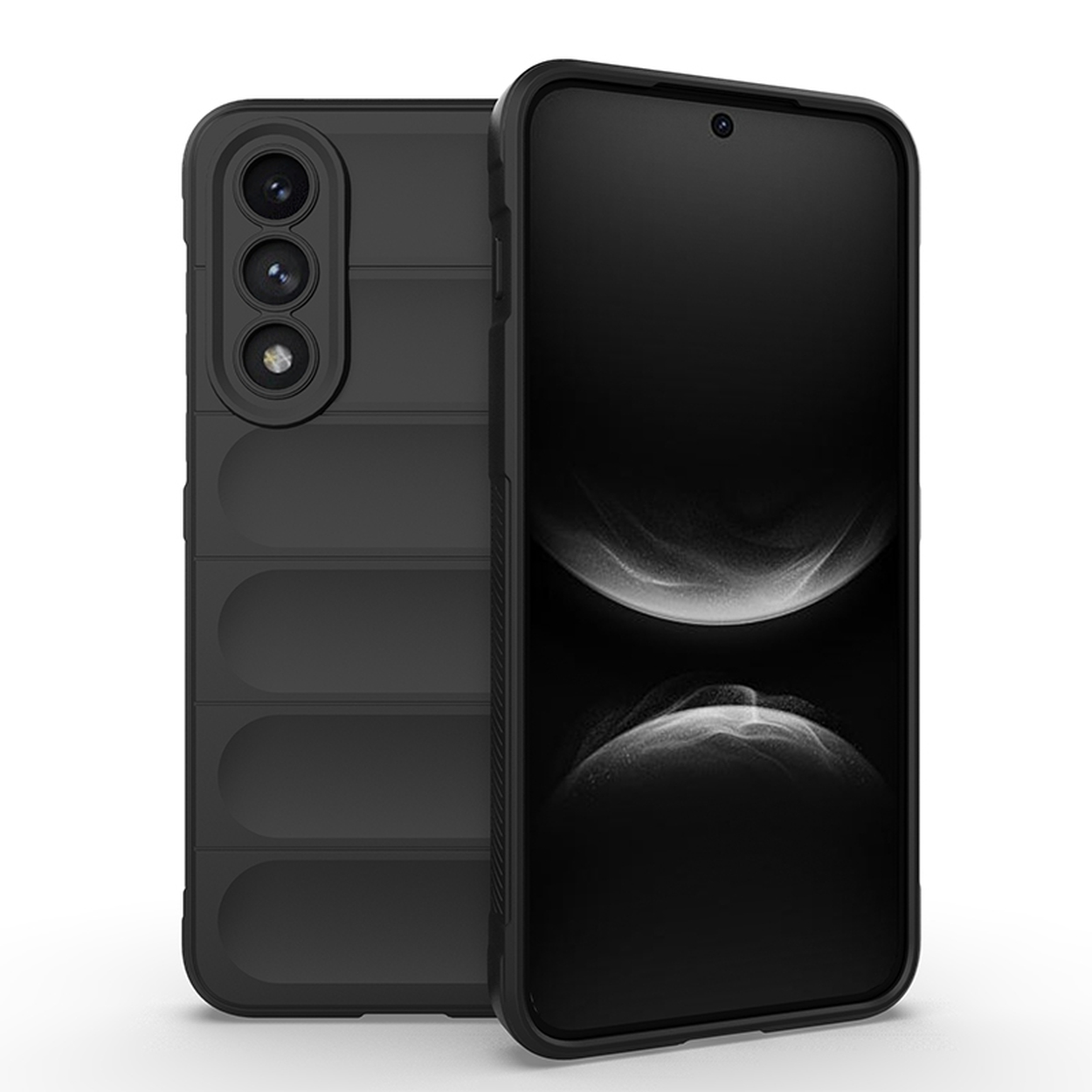 Un étui de téléphone noir et un téléphone côte à côte. Le téléphone affiche un écran noir.