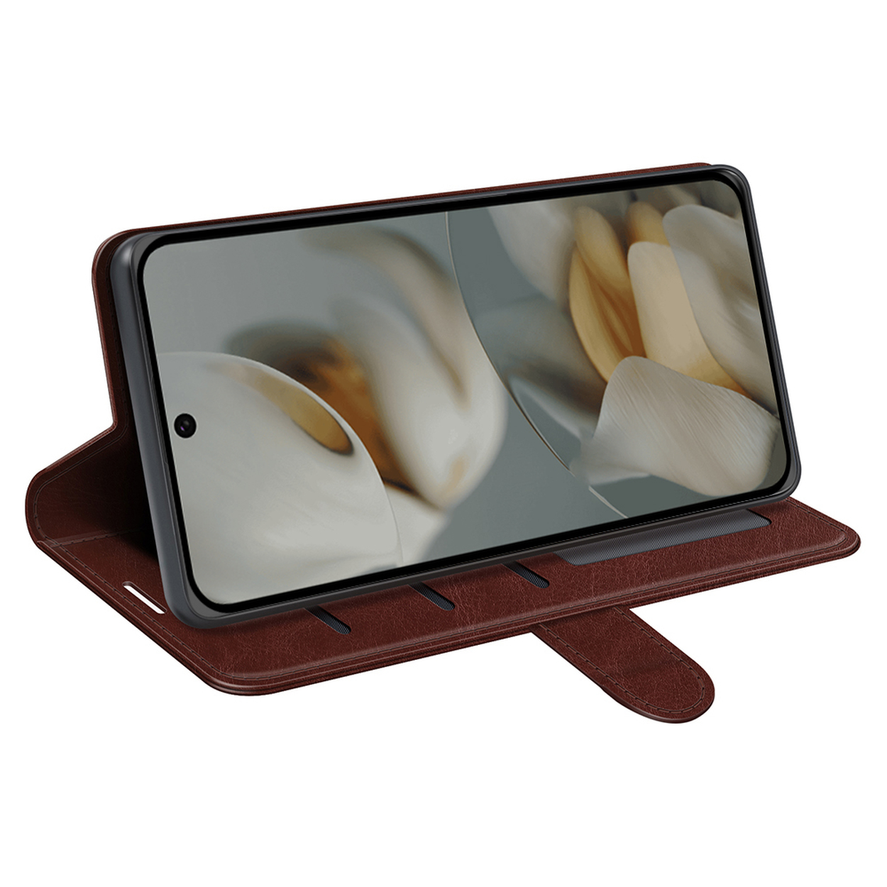 Un étui en cuir marron, ouvert, montrant un téléphone dans un support.