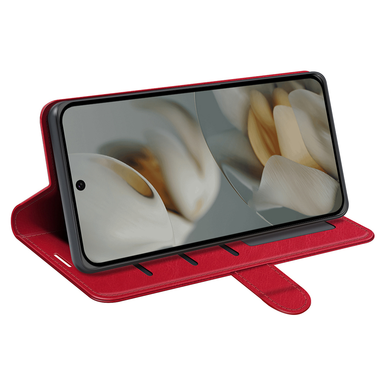 Un téléphone dans un étui portefeuille rouge, montrant l'écran du téléphone.