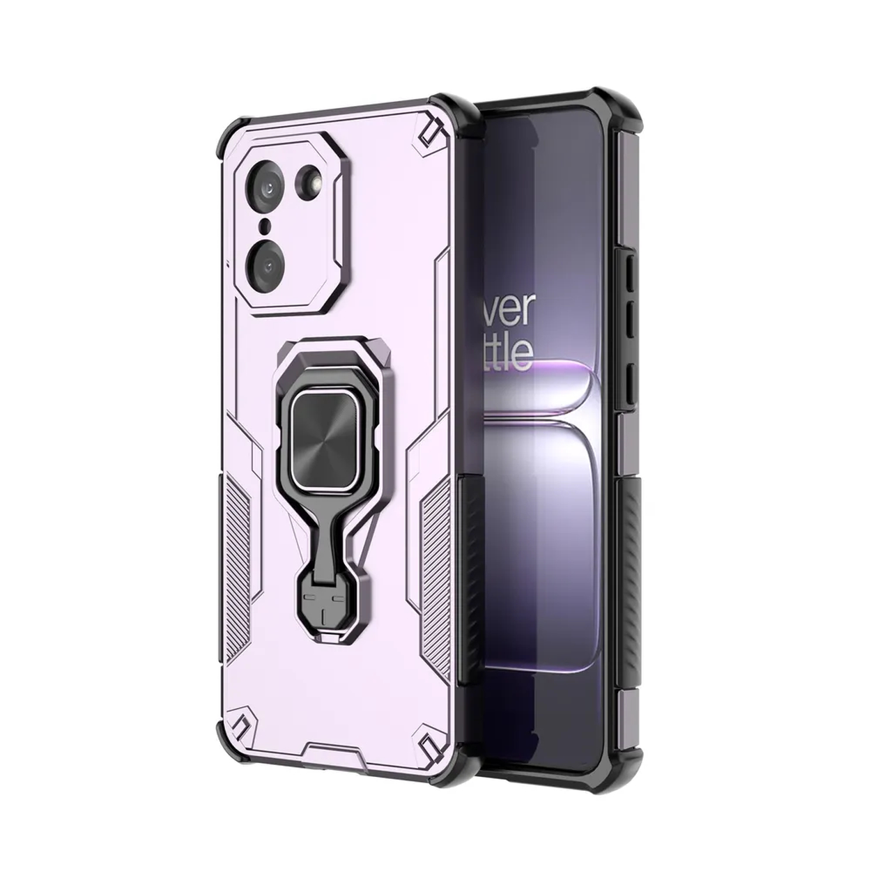 Un étui de téléphone rose et noir avec un support d'anneau, avec le téléphone à l'intérieur.