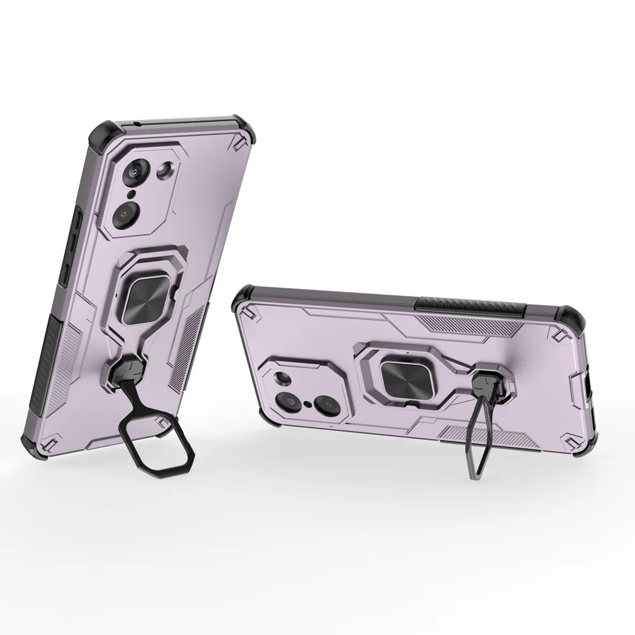 Deux étuis de téléphone roses avec des supports d'anneau, un debout et un à plat.