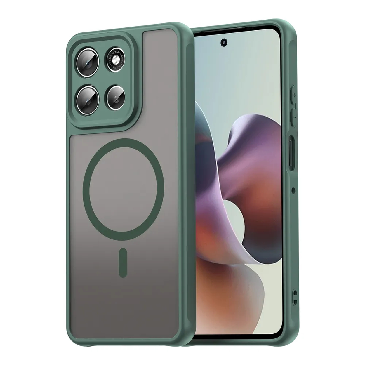 Een telefoonhoesje met een groen frame en camerabescherming. Het scherm van de telefoon is zichtbaar.