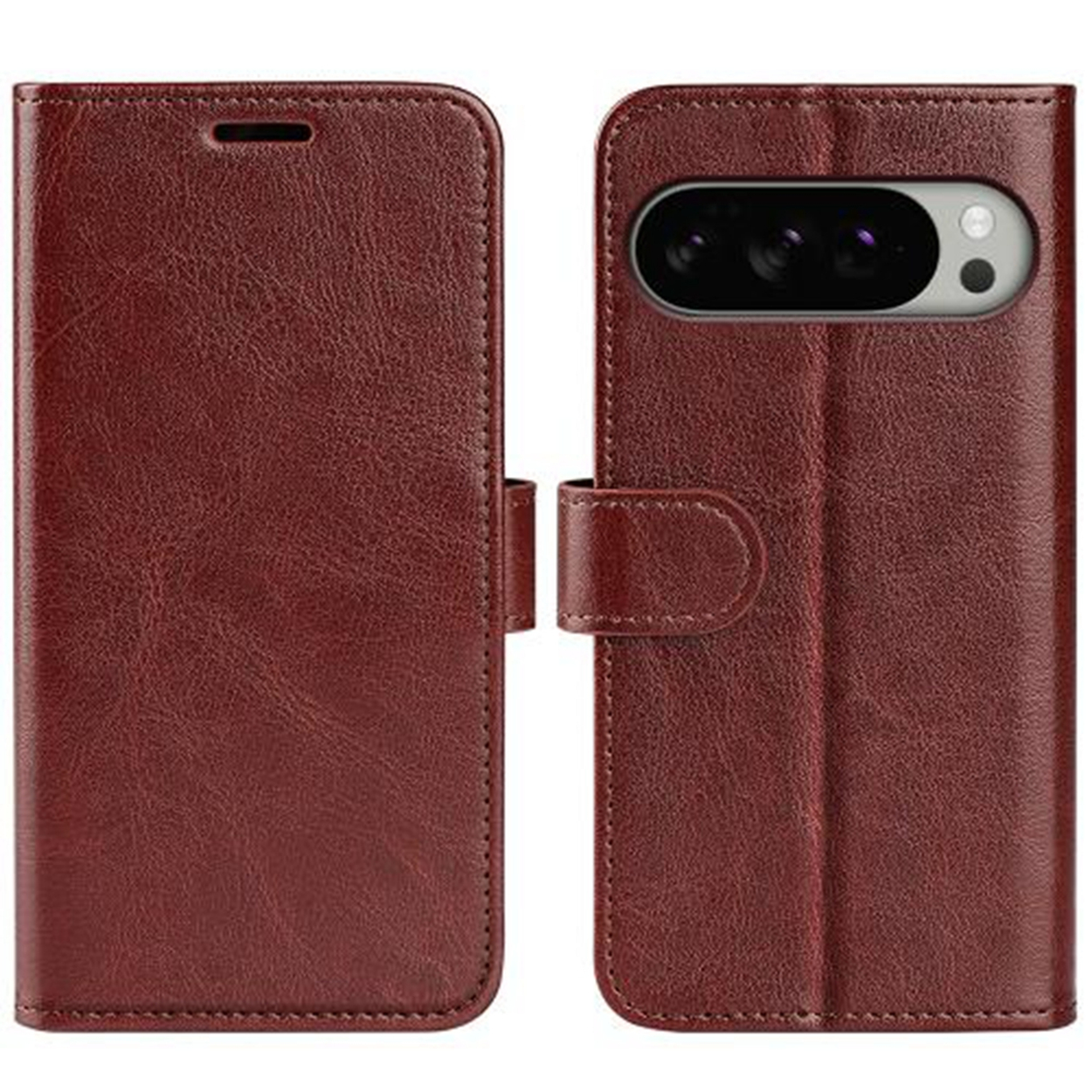 Un étui de téléphone en cuir marron, ouvert, avec un téléphone à l'intérieur, montrant les objectifs de l'appareil photo.