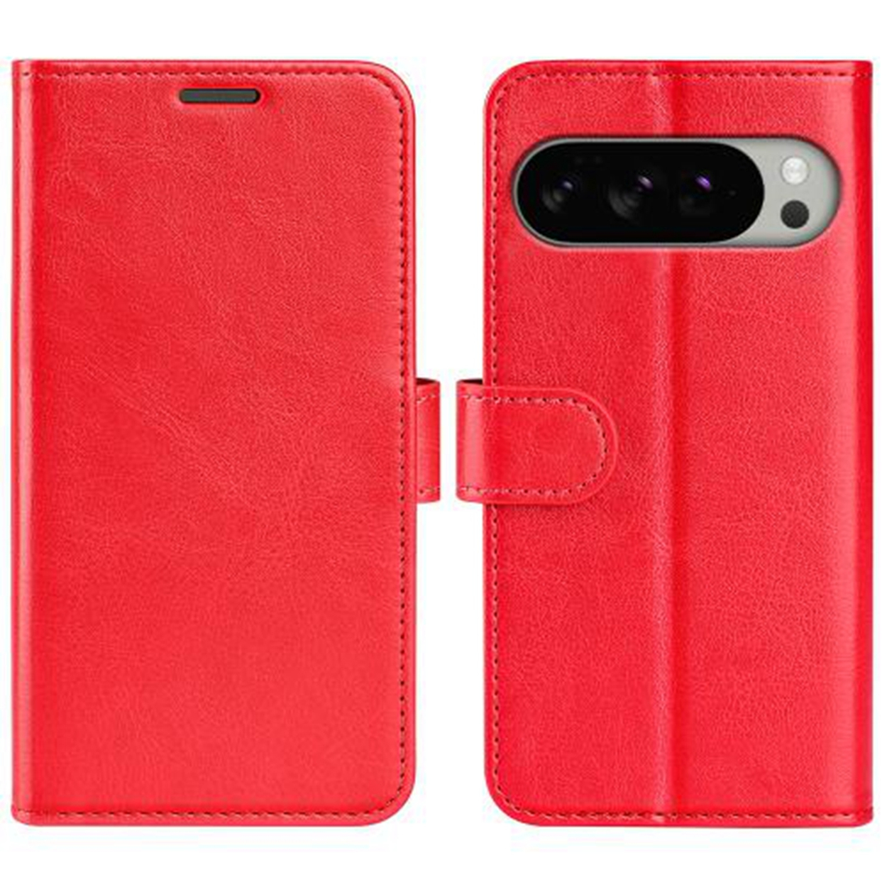 Étui de téléphone en cuir rouge, ouvert et fermé. L'étui ouvert montre l'appareil photo du téléphone.