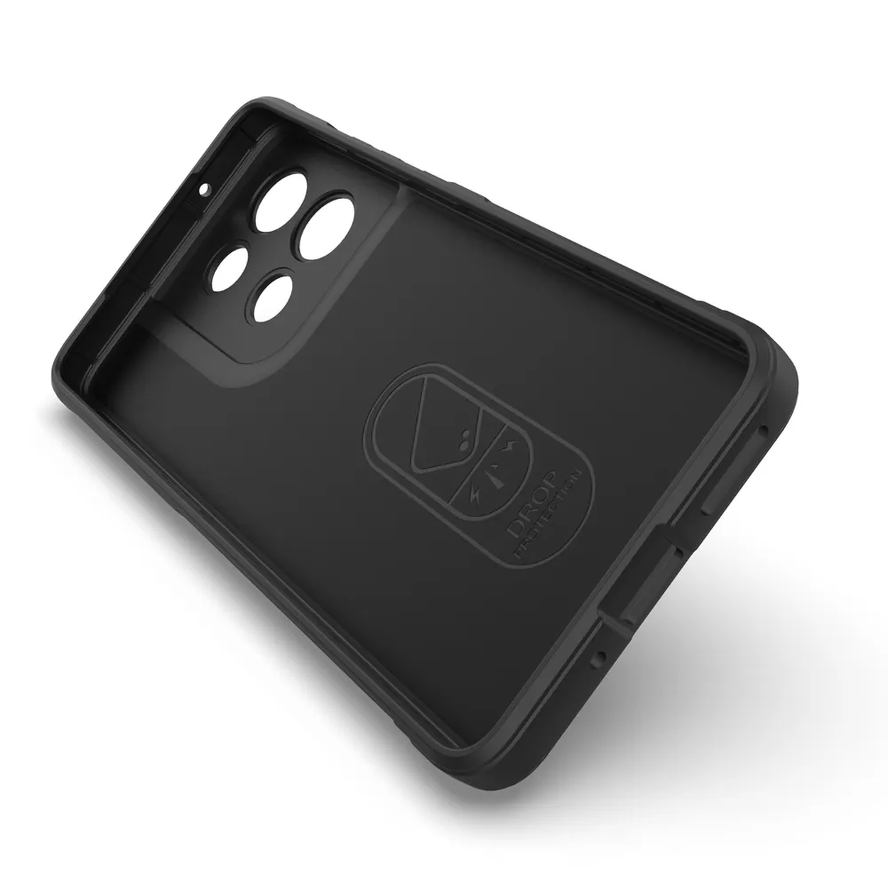 Een zwarte telefoonhoes, die de binnenkant met details laat zien.