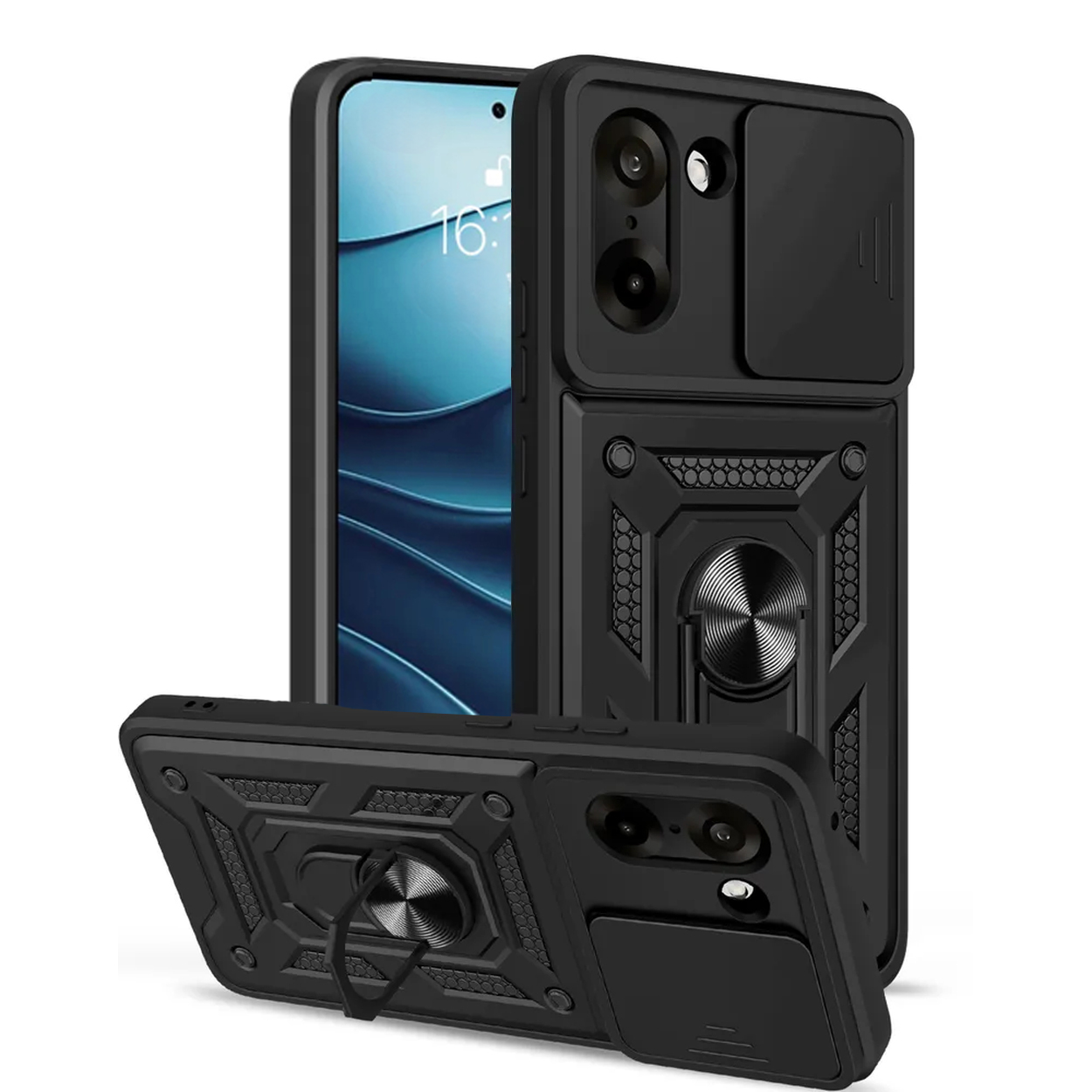Zwarte telefoonhoesjes met een ringhouder en camerahoes. Eén hoes wordt vanuit drie hoeken getoond.