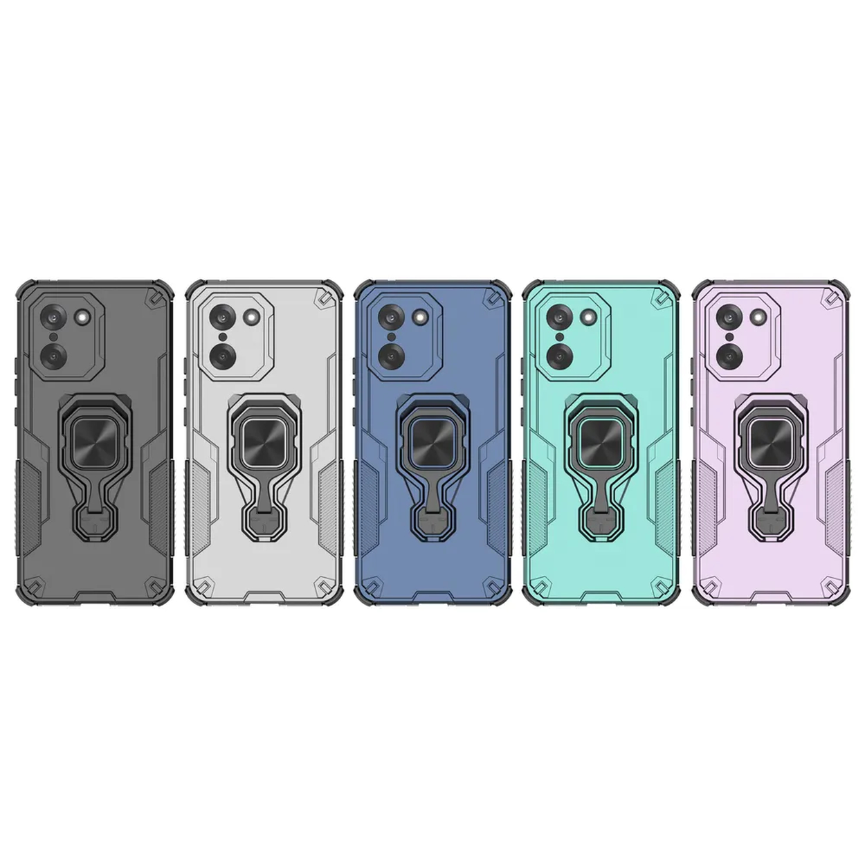 Cinq coques de téléphone de différentes couleurs avec des supports d'anneau. Elles sont en rang sur une surface.