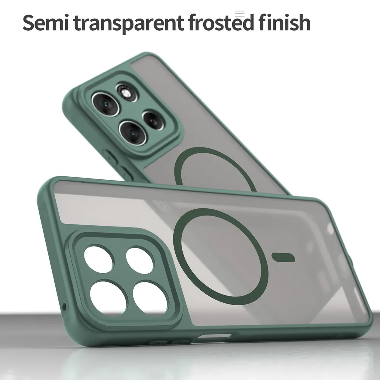 Twee telefoonhoesjes met een groen frame en een matte afwerking. Ze staan op een wit oppervlak.