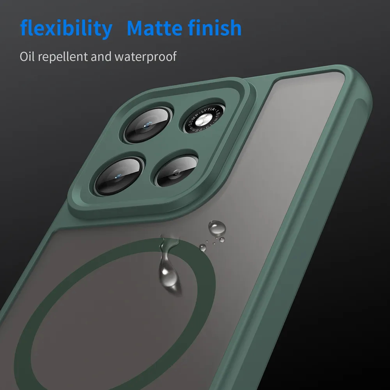 Een telefoon in een groene hoes, met de achterkant met een camera en de details van de hoes.