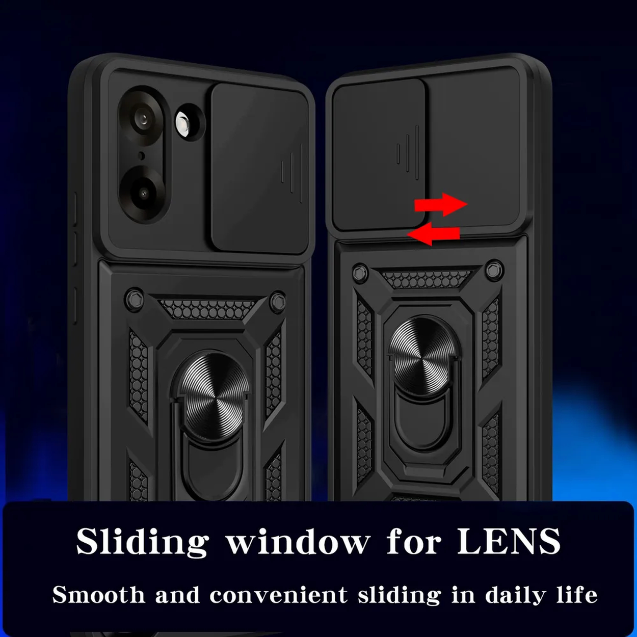 Twee zwarte telefoonhoesjes, met een schuifraam voor de lens. De tekst benadrukt het soepel glijden.