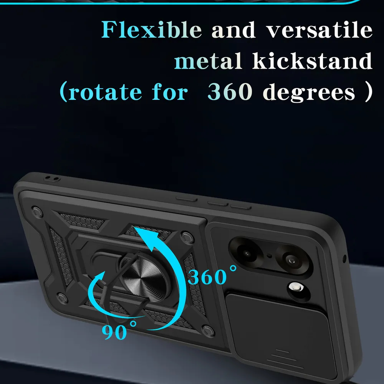 Zwarte telefoonhoes met metalen standaard. Tekst: Flexibele en veelzijdige metalen standaard (roteer voor 360 graden).